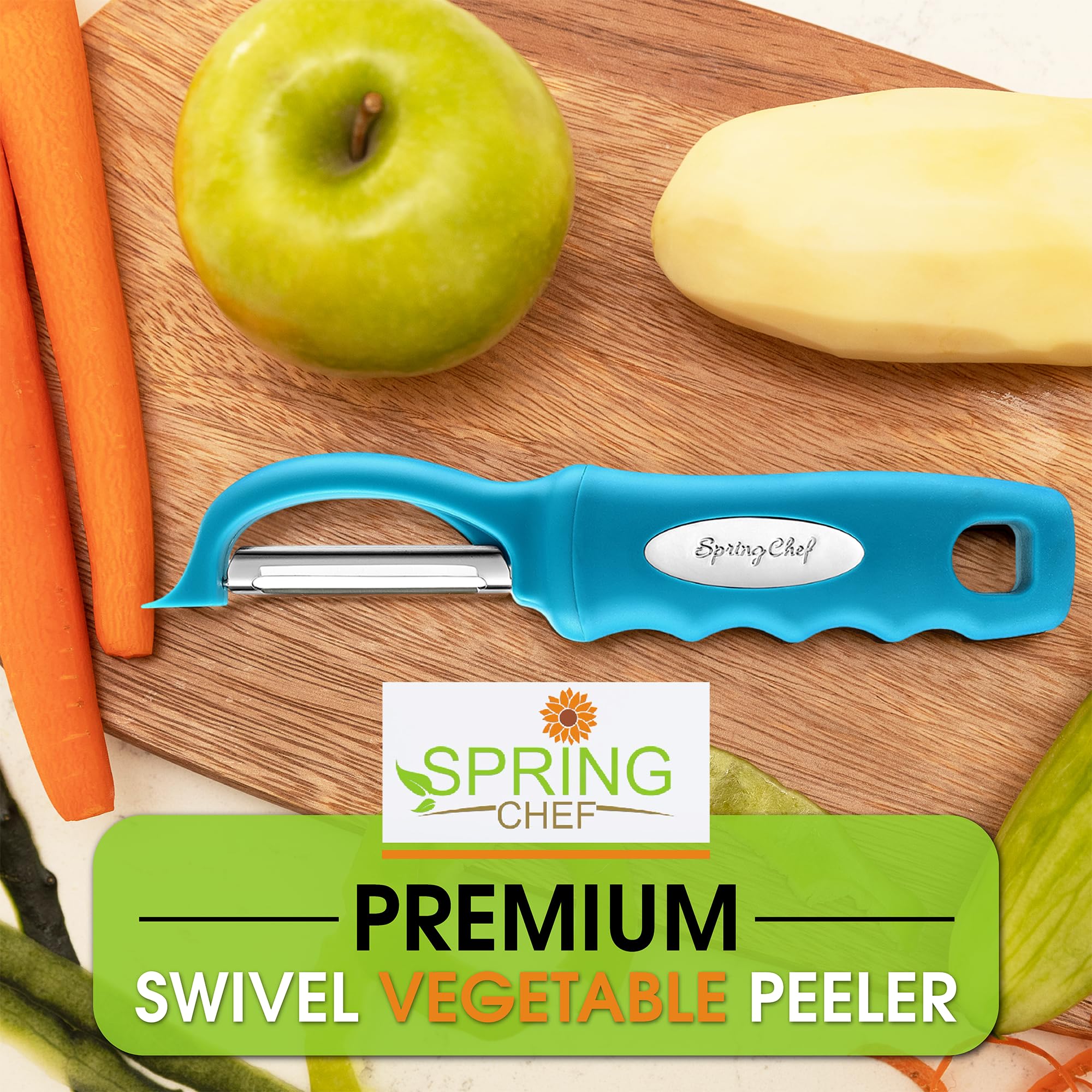 Spring Chef dual blades teal peeler cleanly remove skins without gouging.