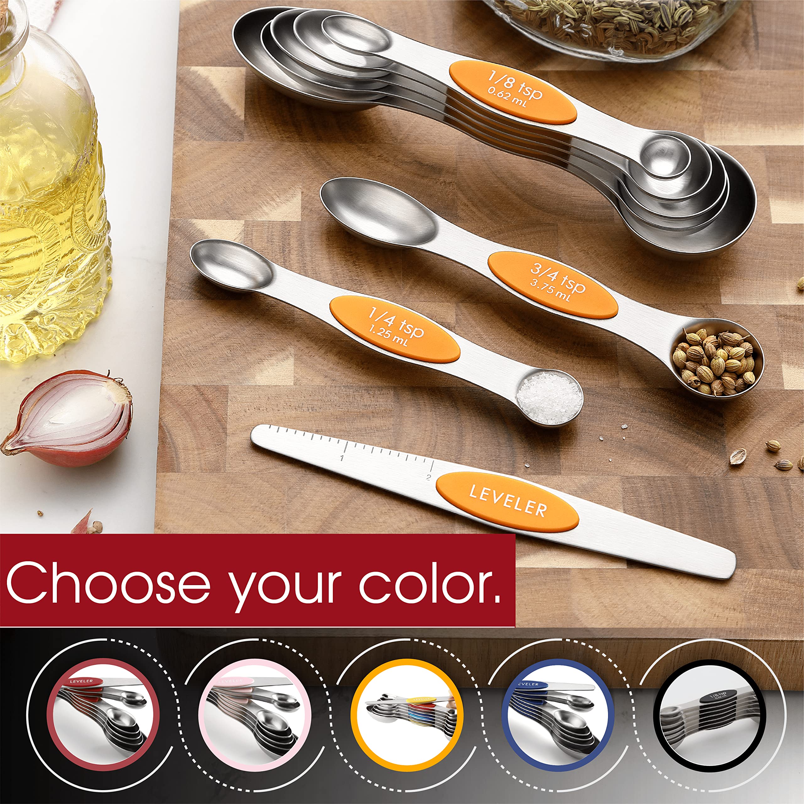Narrow-end spoons fit inside spice jars for easy scooping