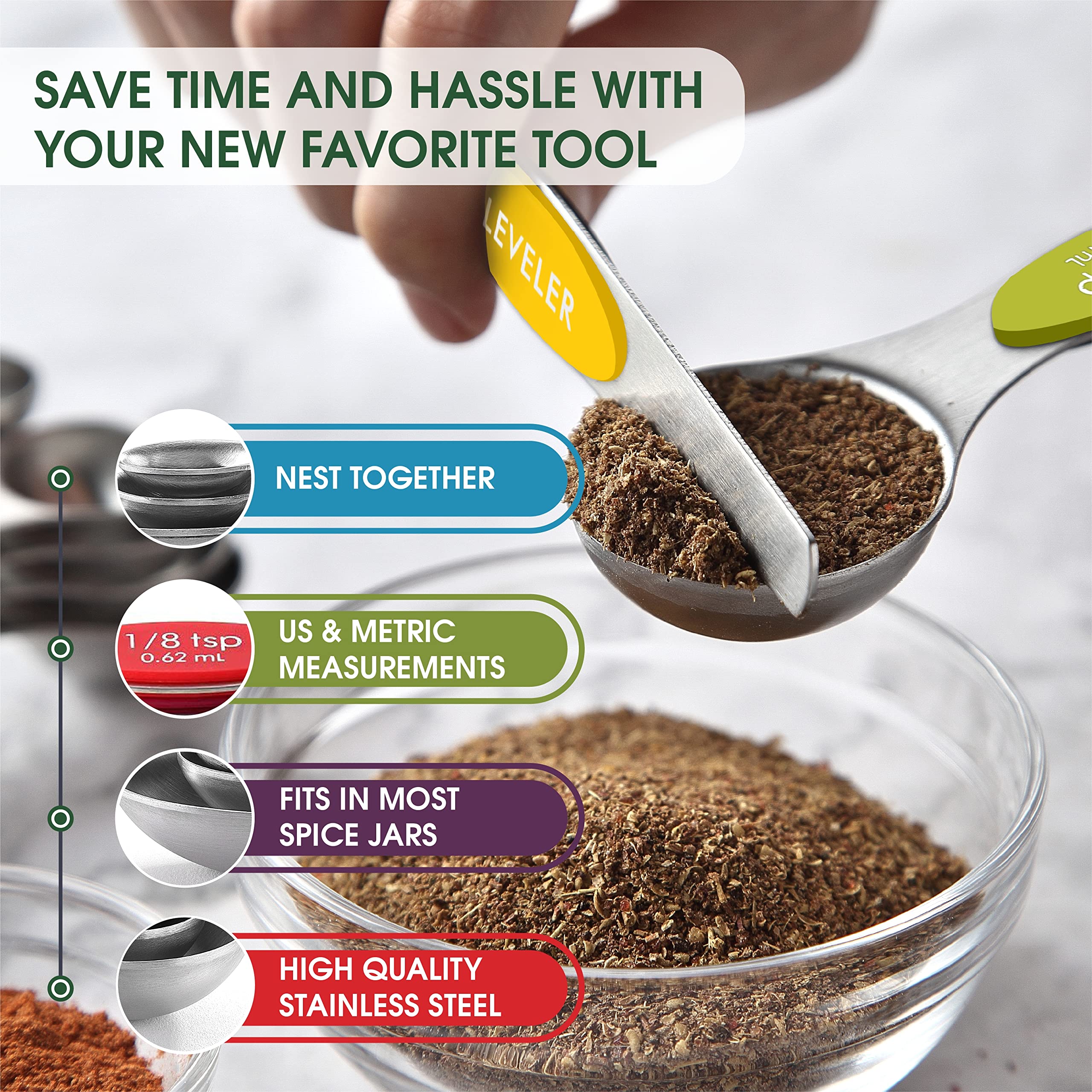 Spring Chef Leveler included helps measure exact amounts on the first scoop.