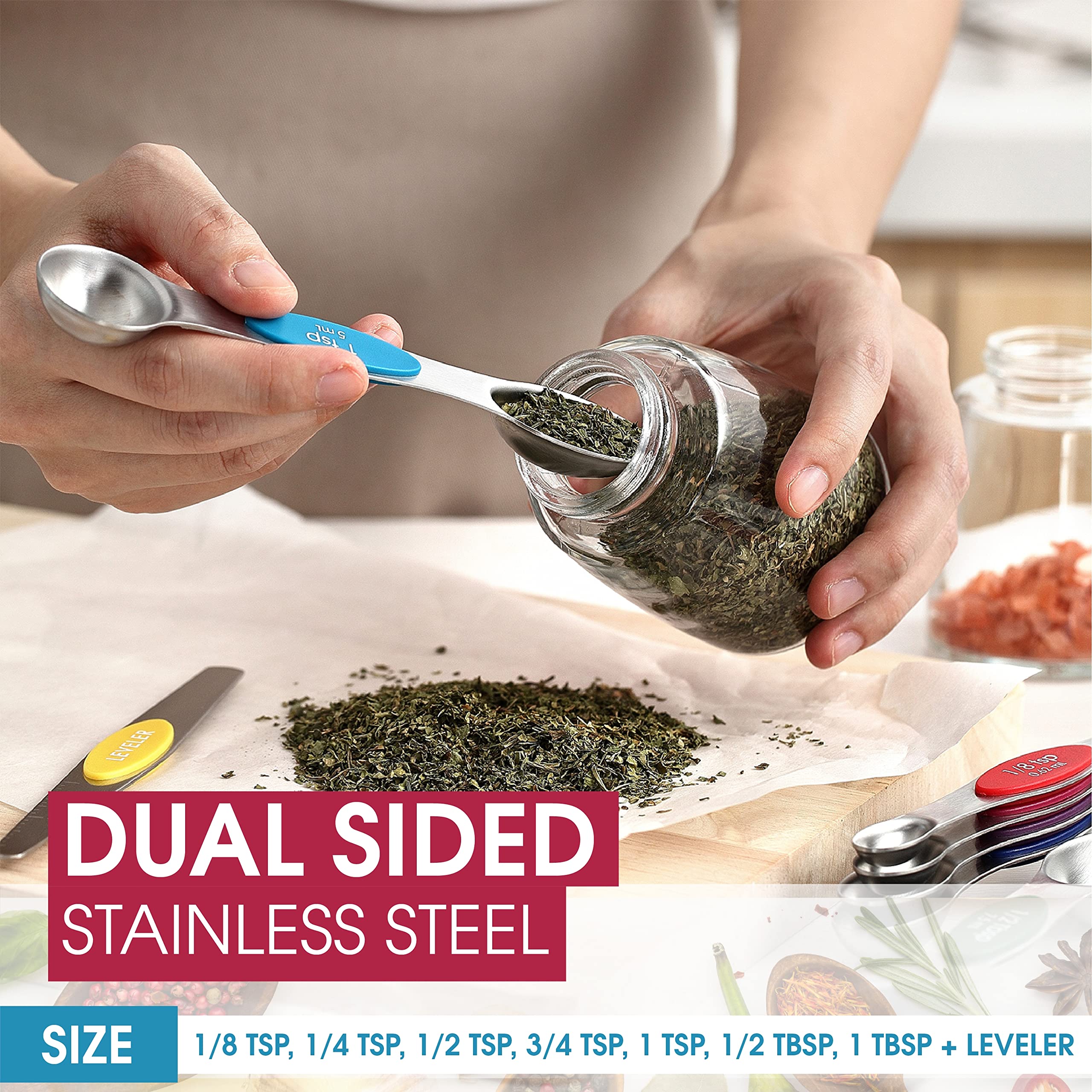Spring Chef oval-end spoons fit most spice jars for clean scooping and less waste.