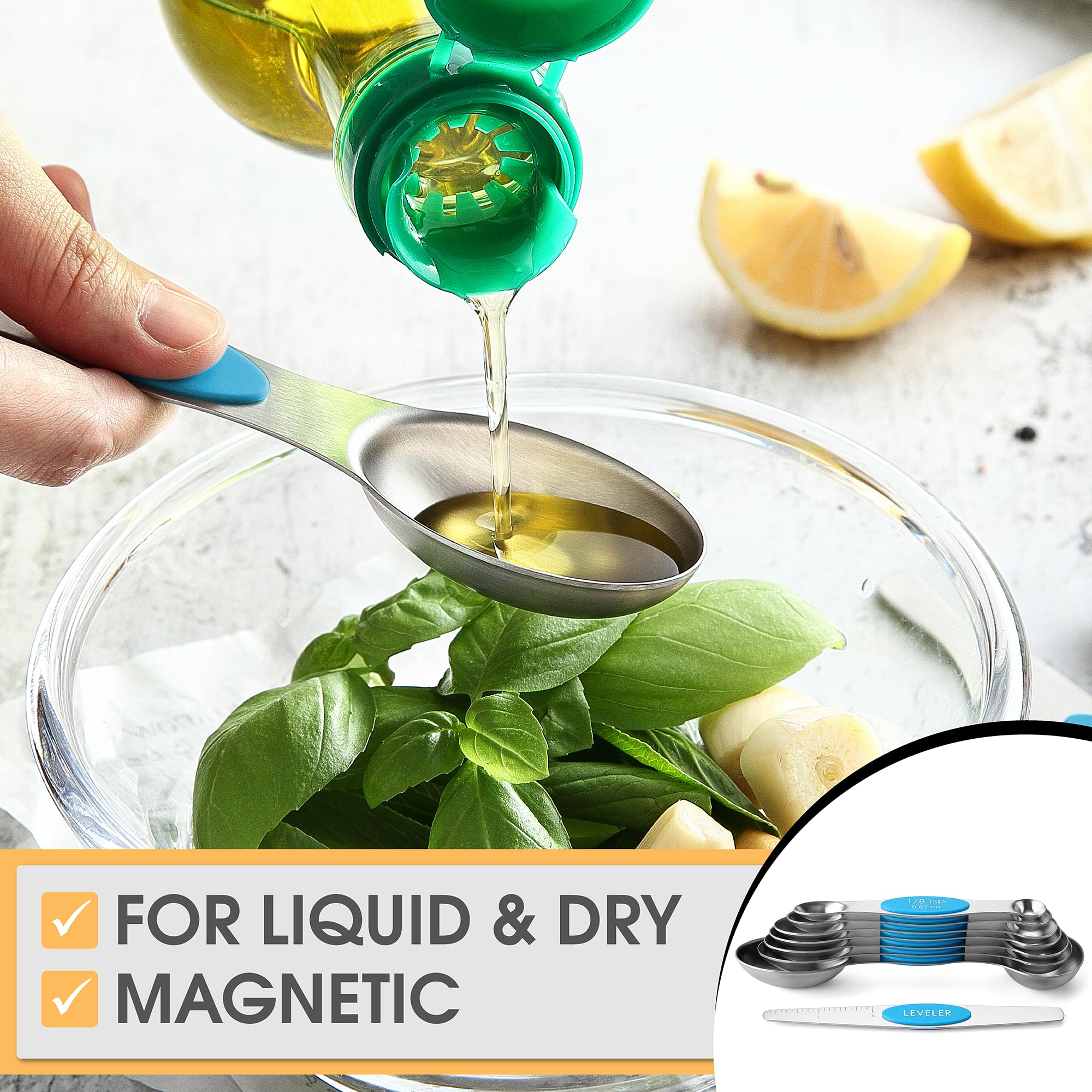 Spring Chef round-end spoon measures liquids with clean pours