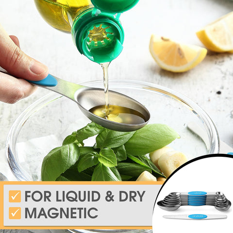 Spring Chef round-end spoon measures liquids with clean pours
