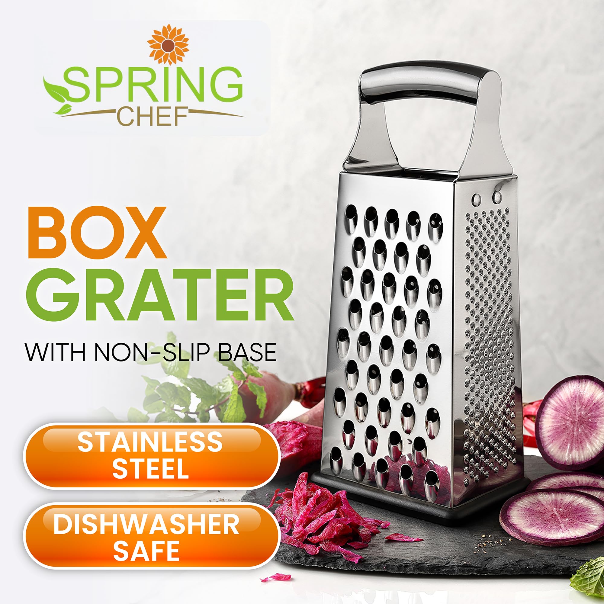 Spring Chef Stainless Steel Box Grater with Handle provides stable, precise grating.