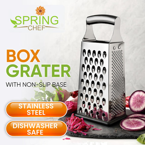 Spring Chef Stainless Steel Box Grater with Handle provides stable, precise grating.