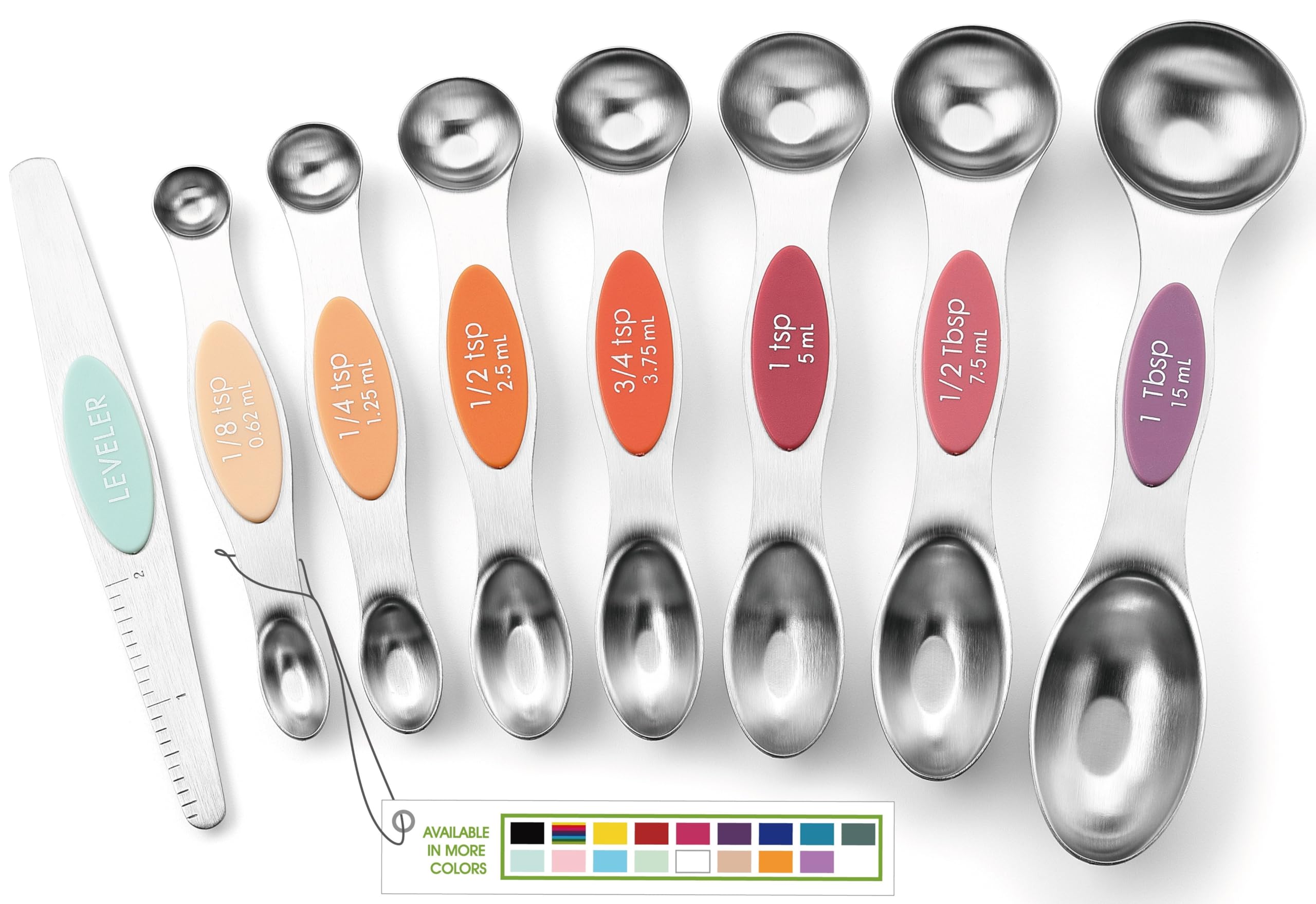 Spring Chef stainless steel magnetic spoons nest neatly for easy storage and quick use.