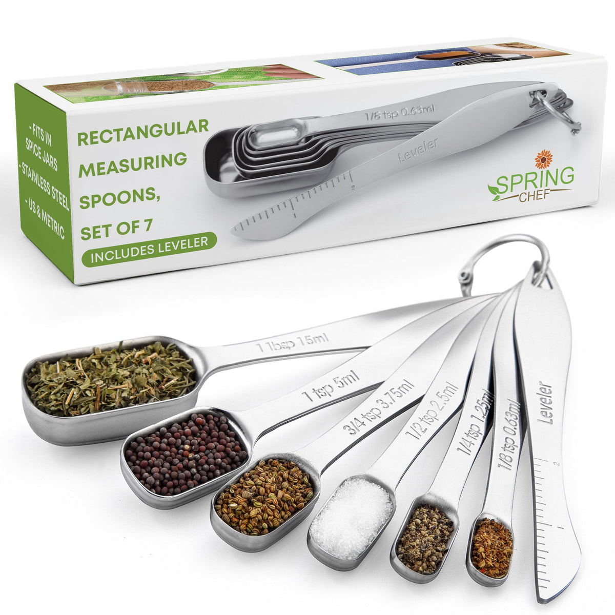 Spring Chef stainless steel measuring spoons with leveler for precise dry and liquid ingredients.