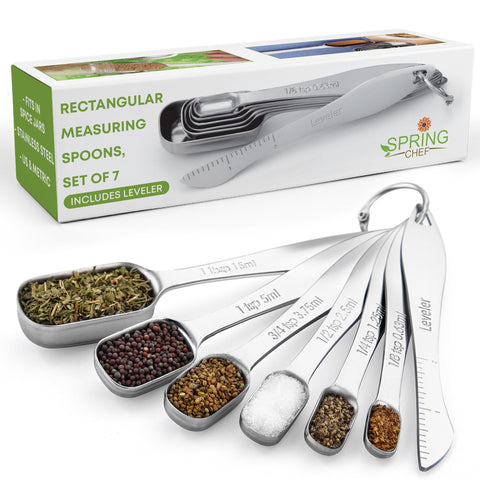 Spring Chef stainless steel measuring spoons with leveler for precise dry and liquid ingredients.