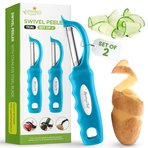 Spring Chef dual swivel potato peelers in teal with ergonomic soft grip for effortless peeling.
