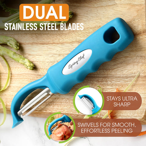 Spring Chef teal dual blades peeler set for smooth, minimal-waste prep.