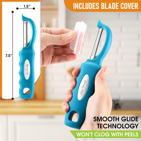 Spring Chef teal swivel peeler with blemish remover for precise vegetable prep.