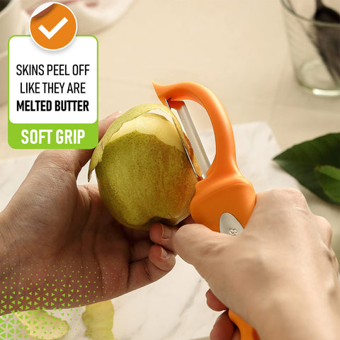 Spring Chef swivel peeler is dishwasher safe for quick cleanup.