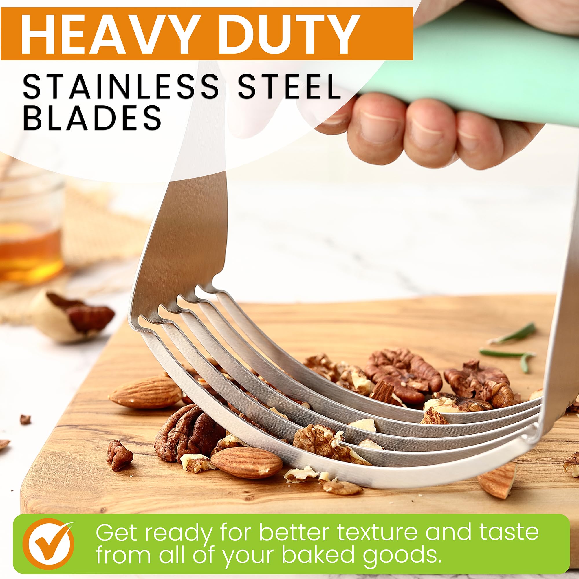 Dough blender blades cut through cold butter for flaky crusts and pastries.