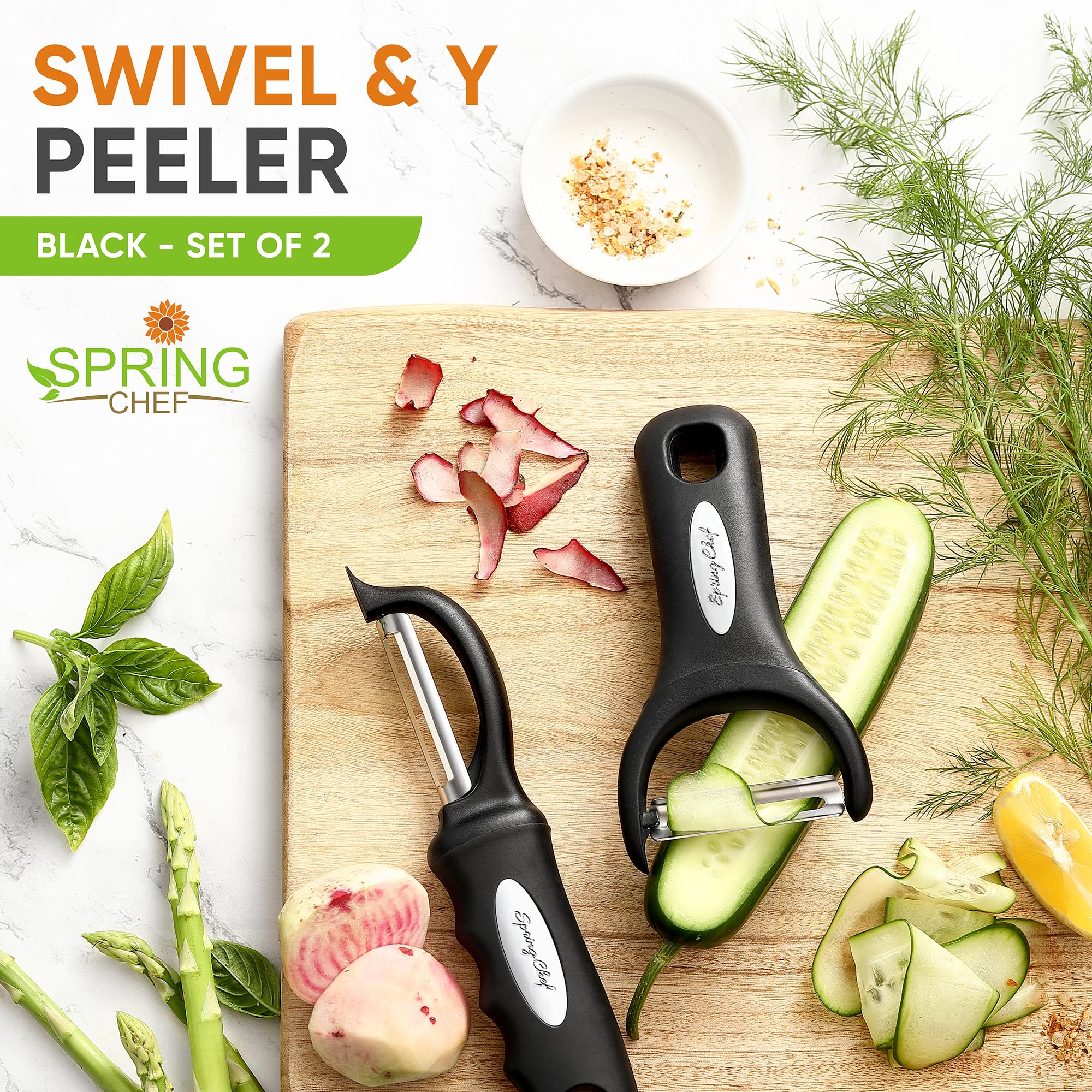 Spring Chef Y peeler for precise peeling with minimal waste.