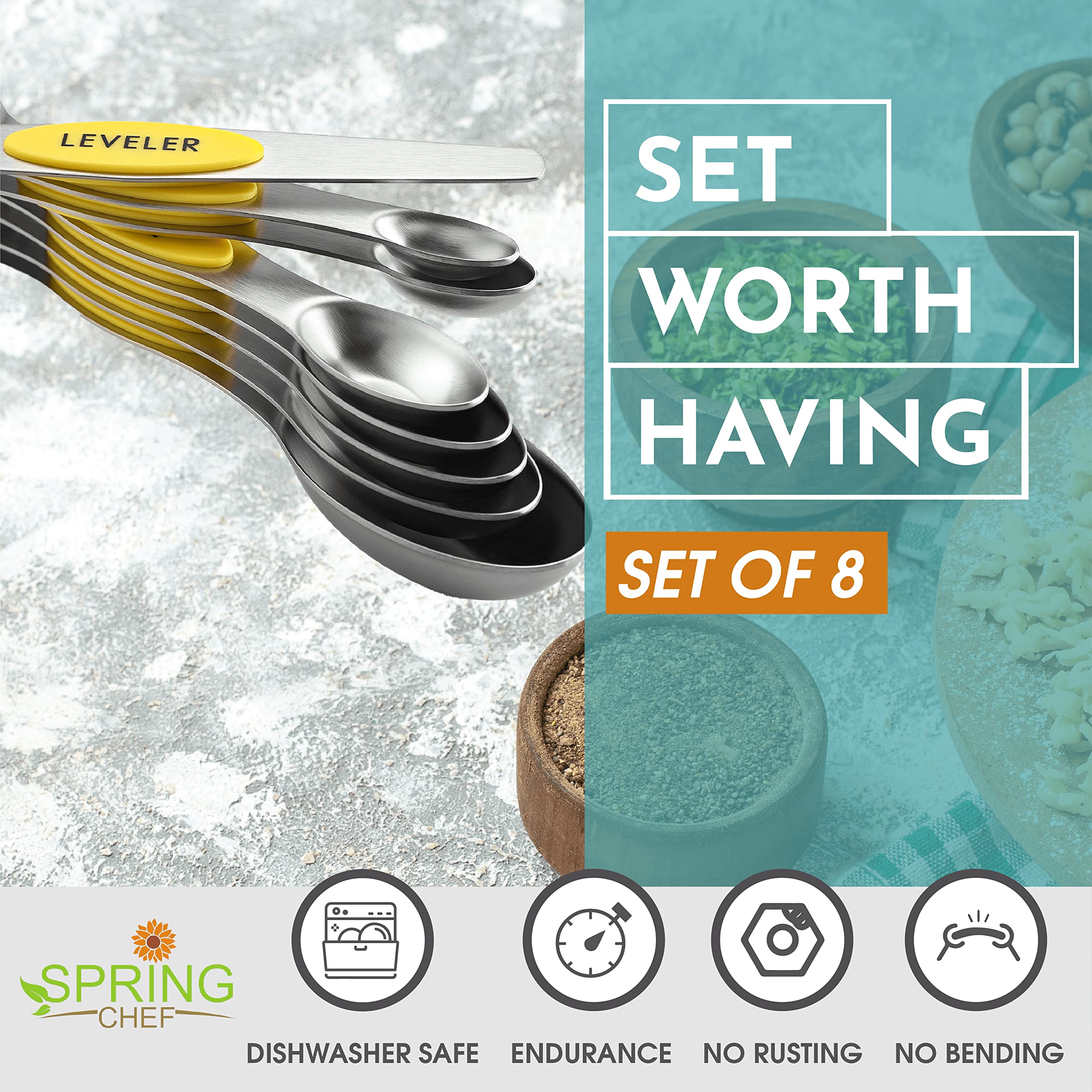 Spring Chef yellow magnetic spoons for easy nesting and organized storage.