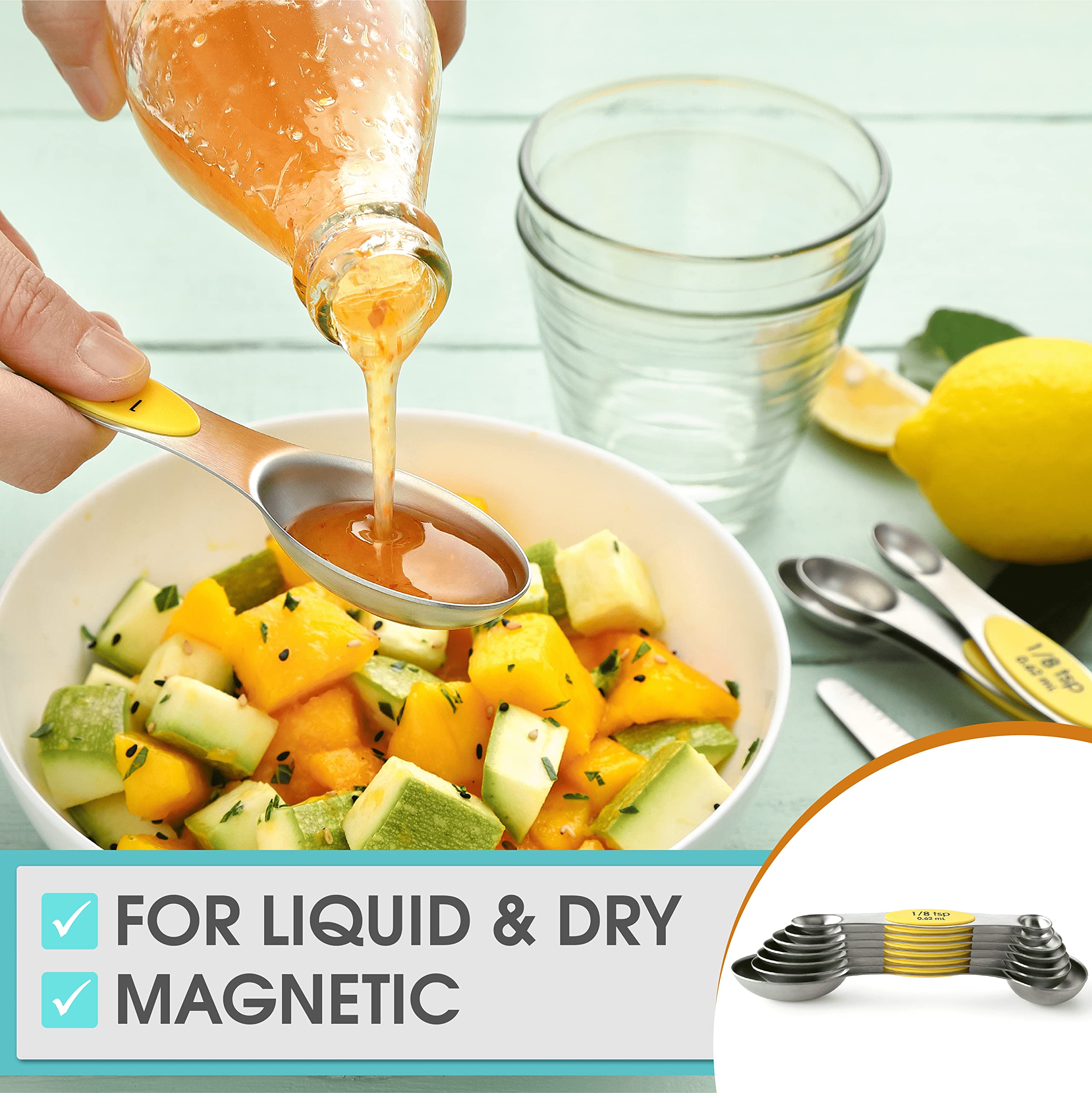 Spring Chef yellow round-end spoon handles liquids smoothly.