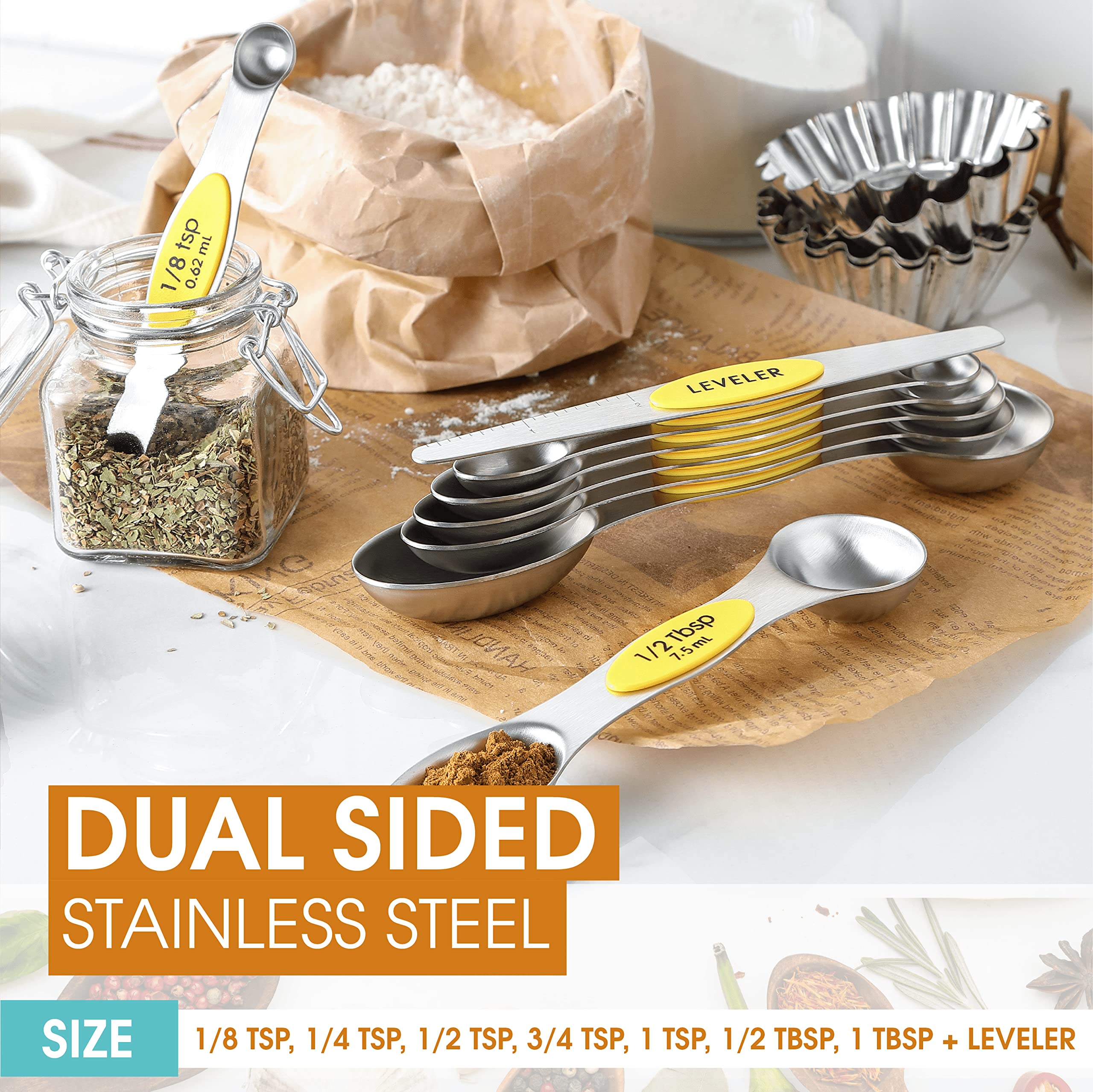 Spring Chef yellow spoons nest flat to save counter space.