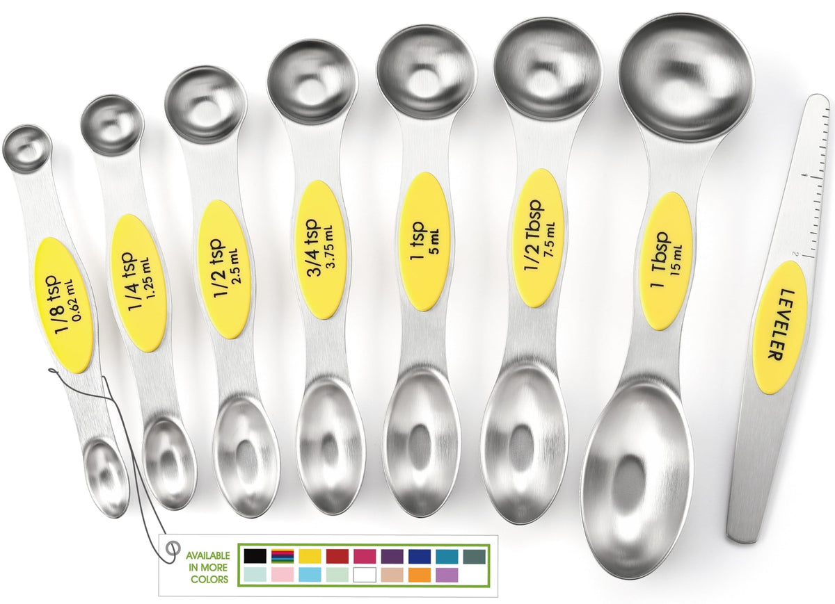 Spring Chef yellow stainless steel measuring spoons set with precise measurements for baking.