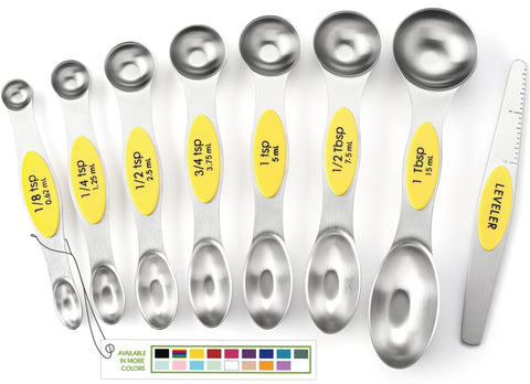 Spring Chef yellow stainless steel measuring spoons set with precise measurements for baking.