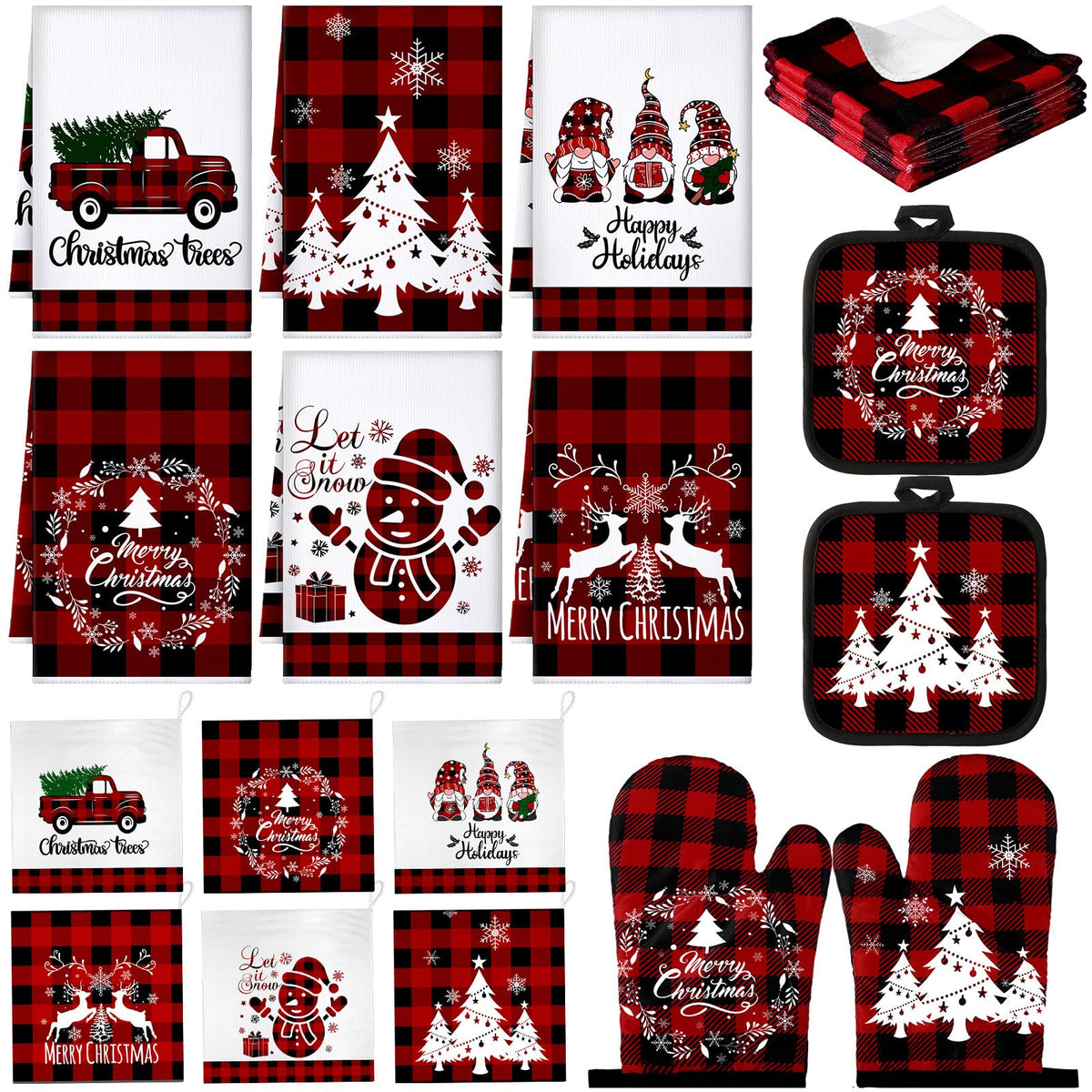 Sratte 20pc Christmas kitchen towel set in red-black plaid for festive kitchen prep and drying.