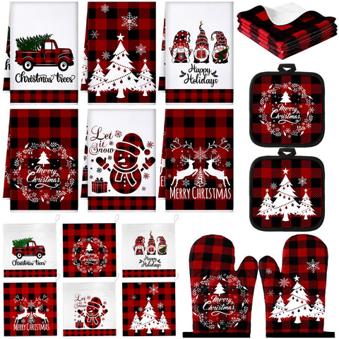 Sratte 20pc Christmas kitchen towel set in red-black plaid for festive kitchen prep and drying.
