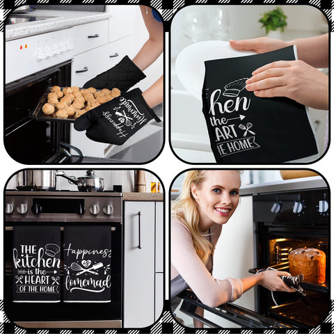 Sratte farmhouse oven mitts show black-white design and secure grip during cooking.