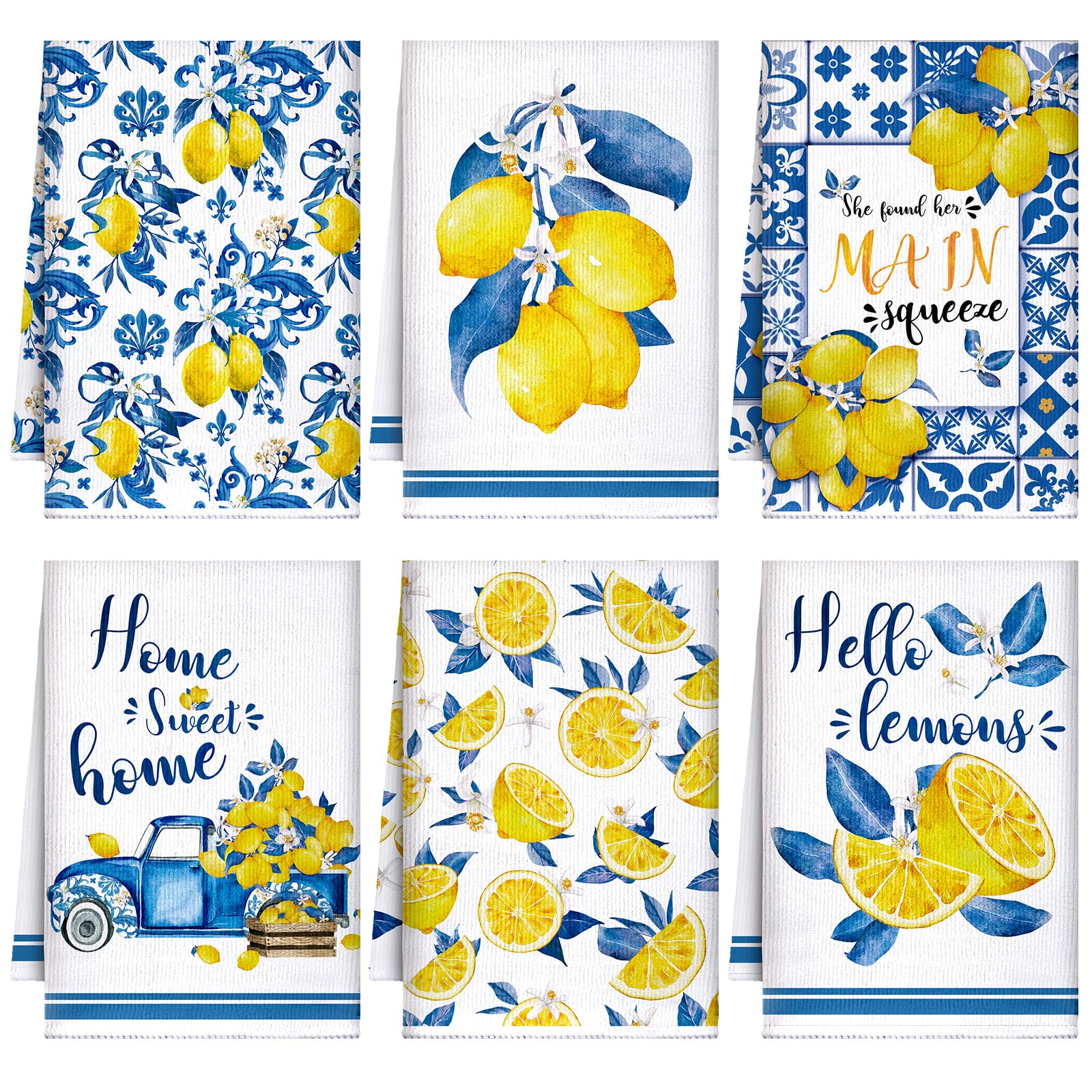 Sratte lemon kitchen towels in Capri tiles pattern add cheerful color to kitchen tasks