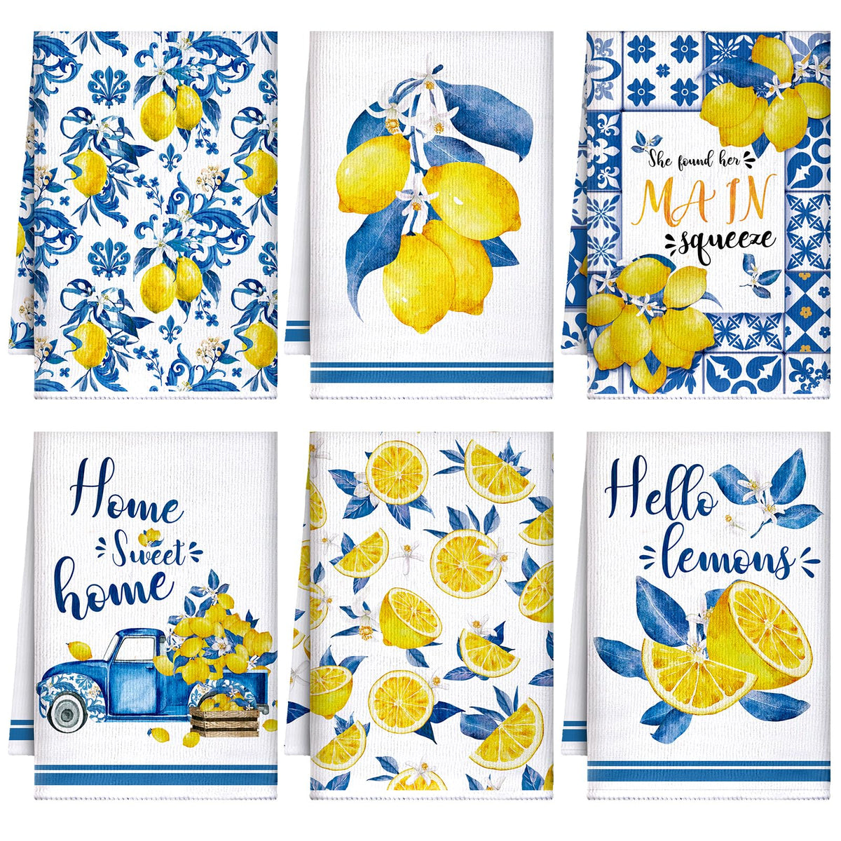 Sratte lemon kitchen towels in Capri tiles pattern add cheerful color to kitchen tasks