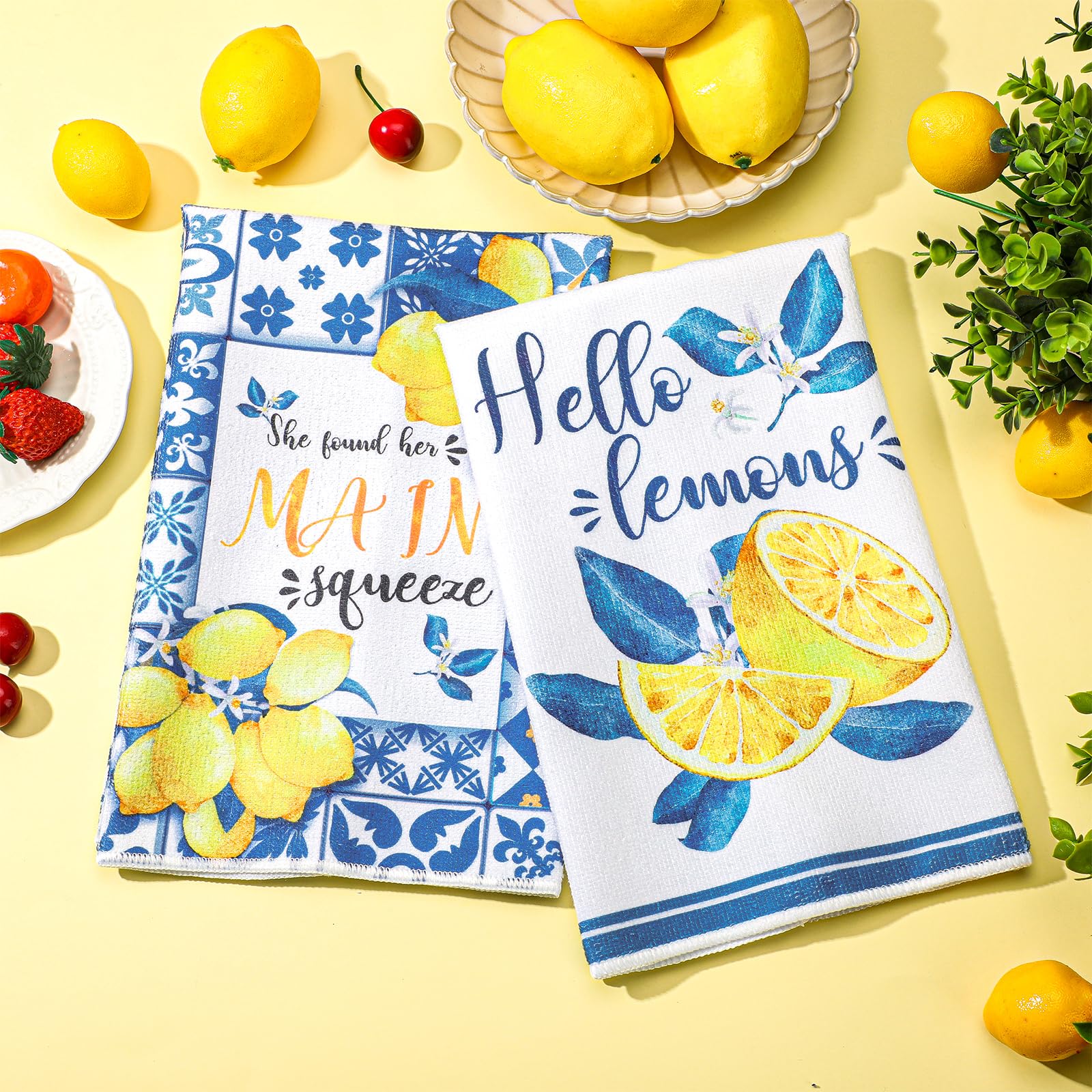 Sratte lemon tea dishtowels blue and yellow pattern brighten daily dish drying