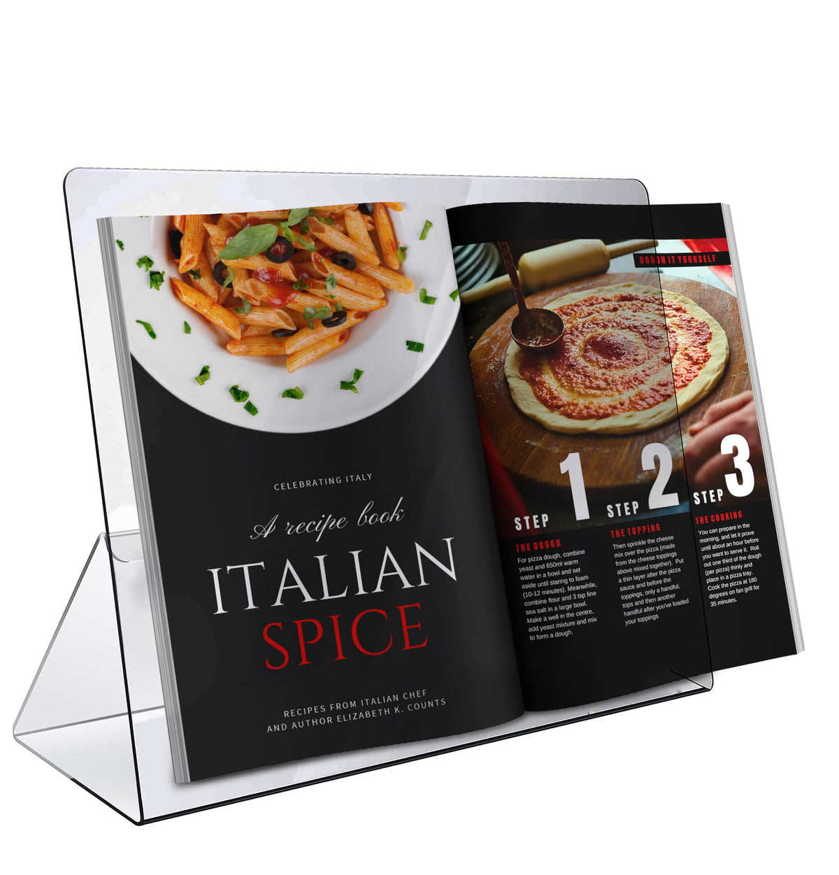 Srenta durable acrylic cookbook stand displaying recipes clearly while cooking.