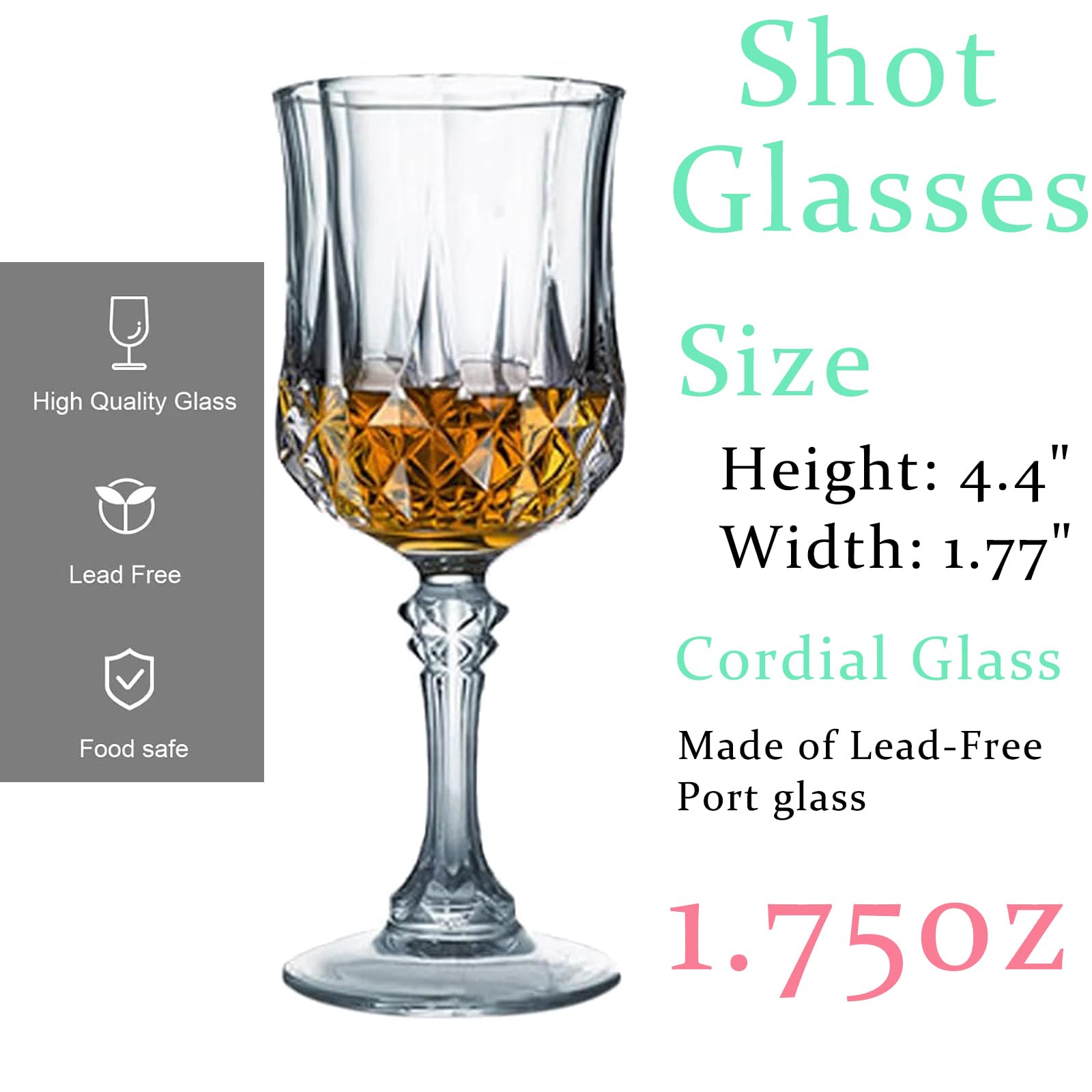 Srgeilzati 1.75oz shot glasses closeup shows crystal clarity.