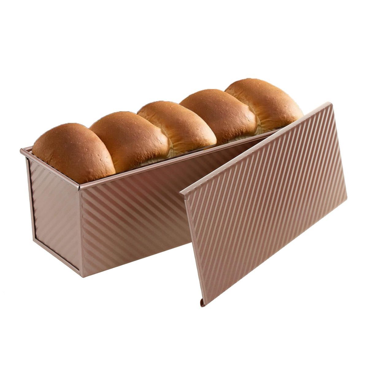 SS&CC Pullman loaf pan with lid shows even heat and uniform slices