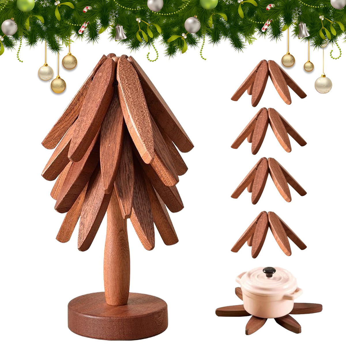SSFUN walnut tree trivet folding in action, protecting surfaces.