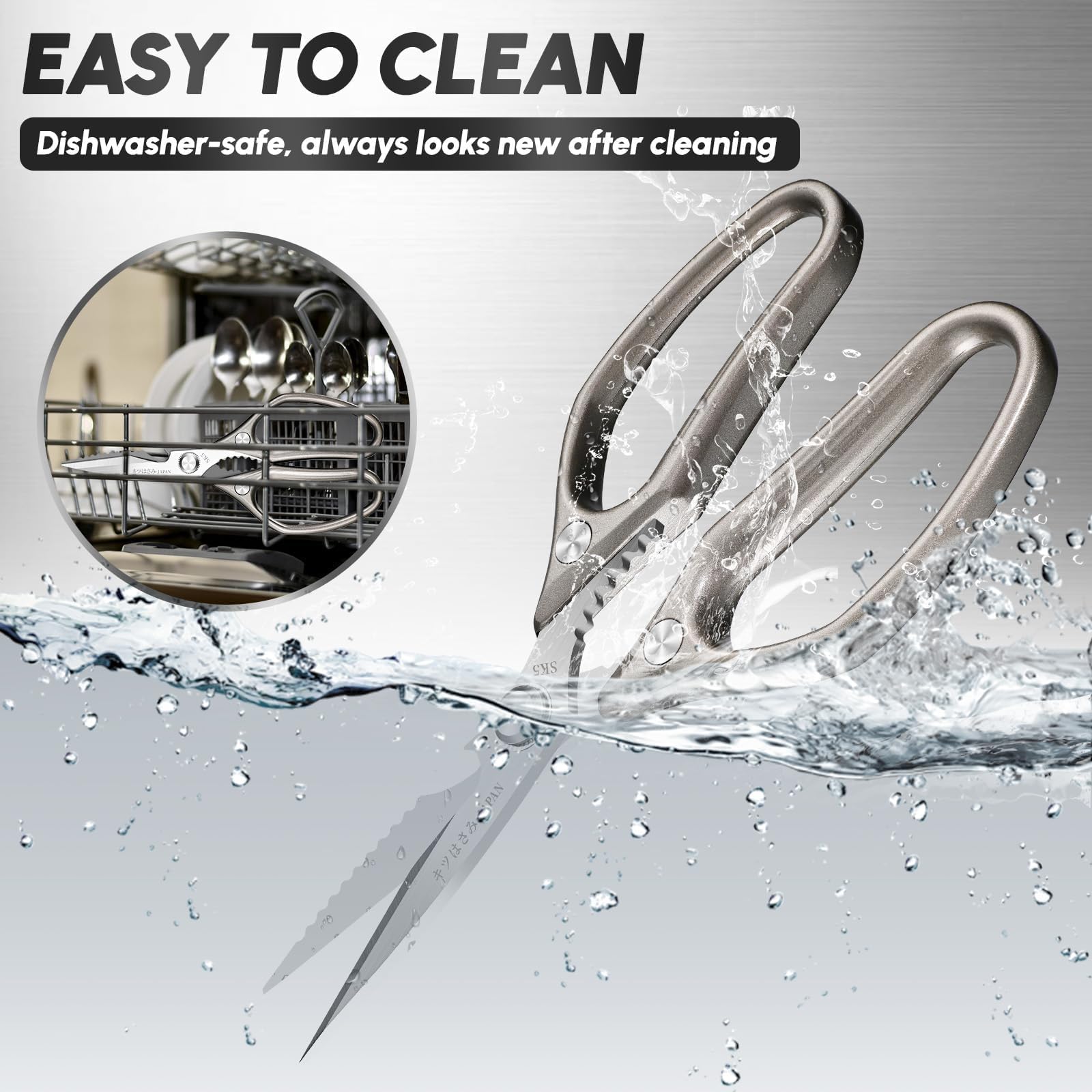 SSGP dishwasher-safe kitchen shears for quick, hassle-free cleaning.