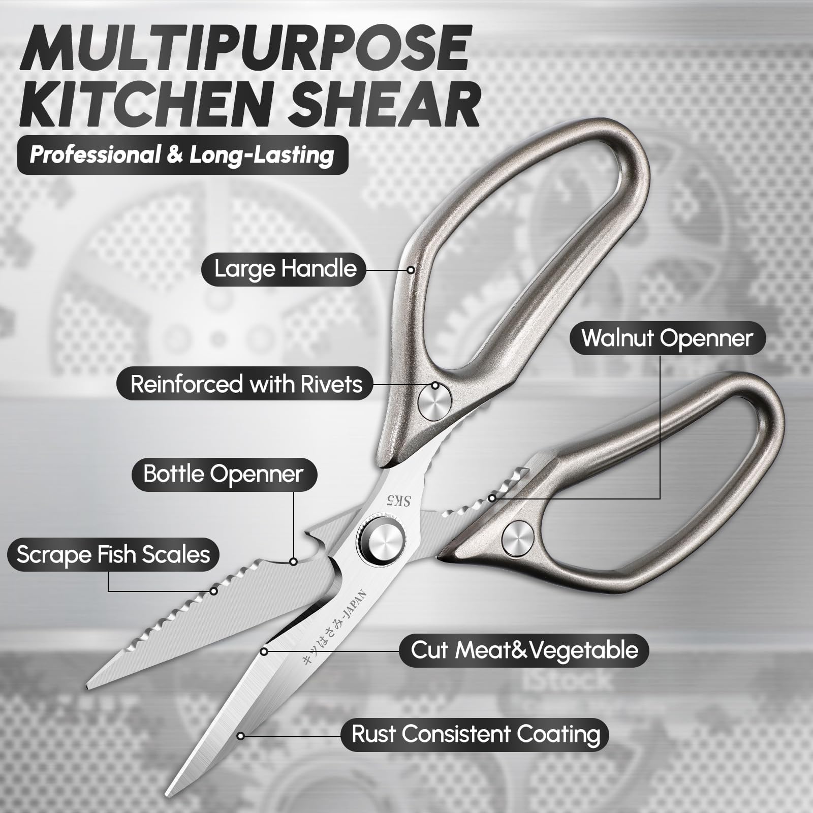 SSGP meat scissors with super sharp blades for fast slicing.