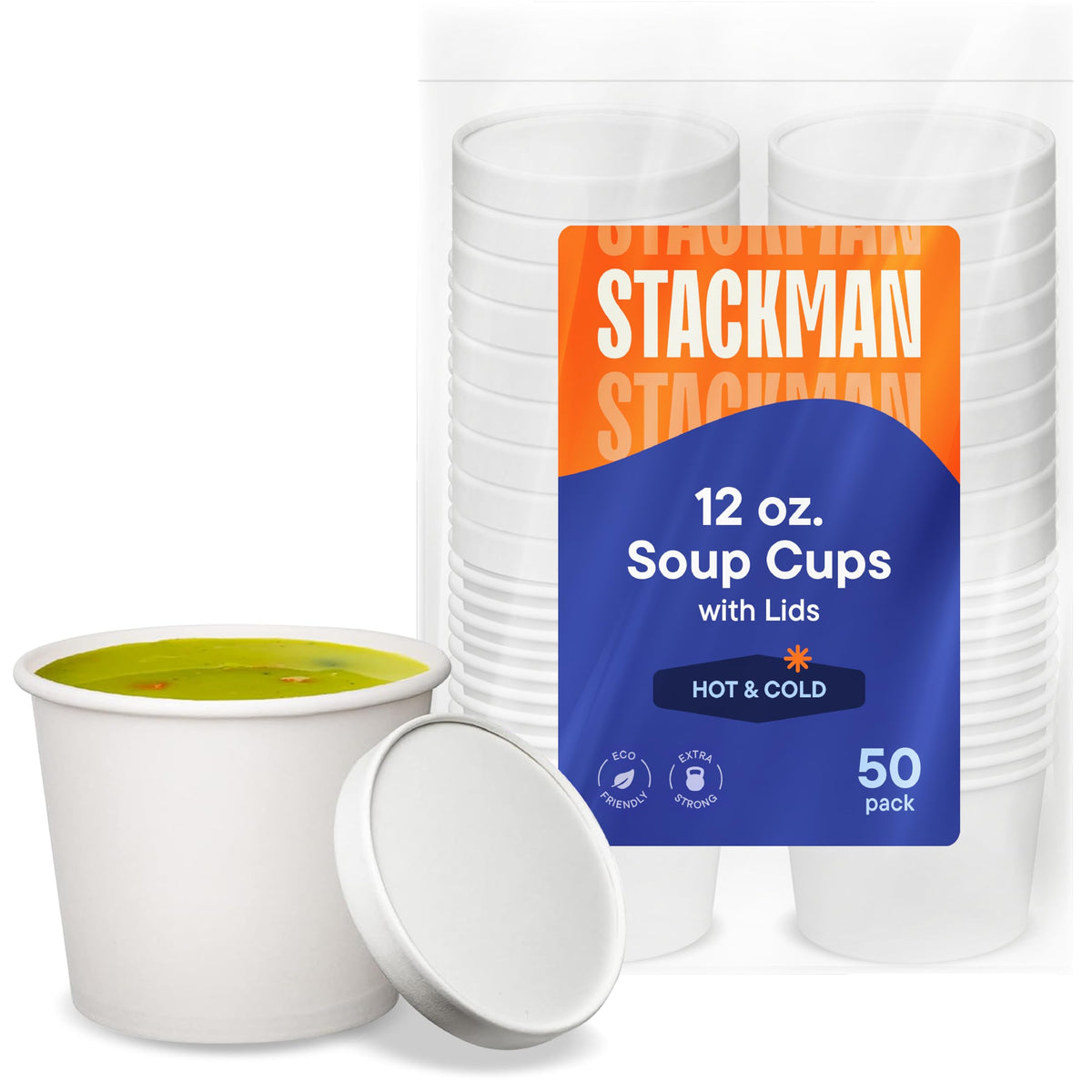 Stack Man 12oz paper soup container with lid for hot or cold takeout meals.