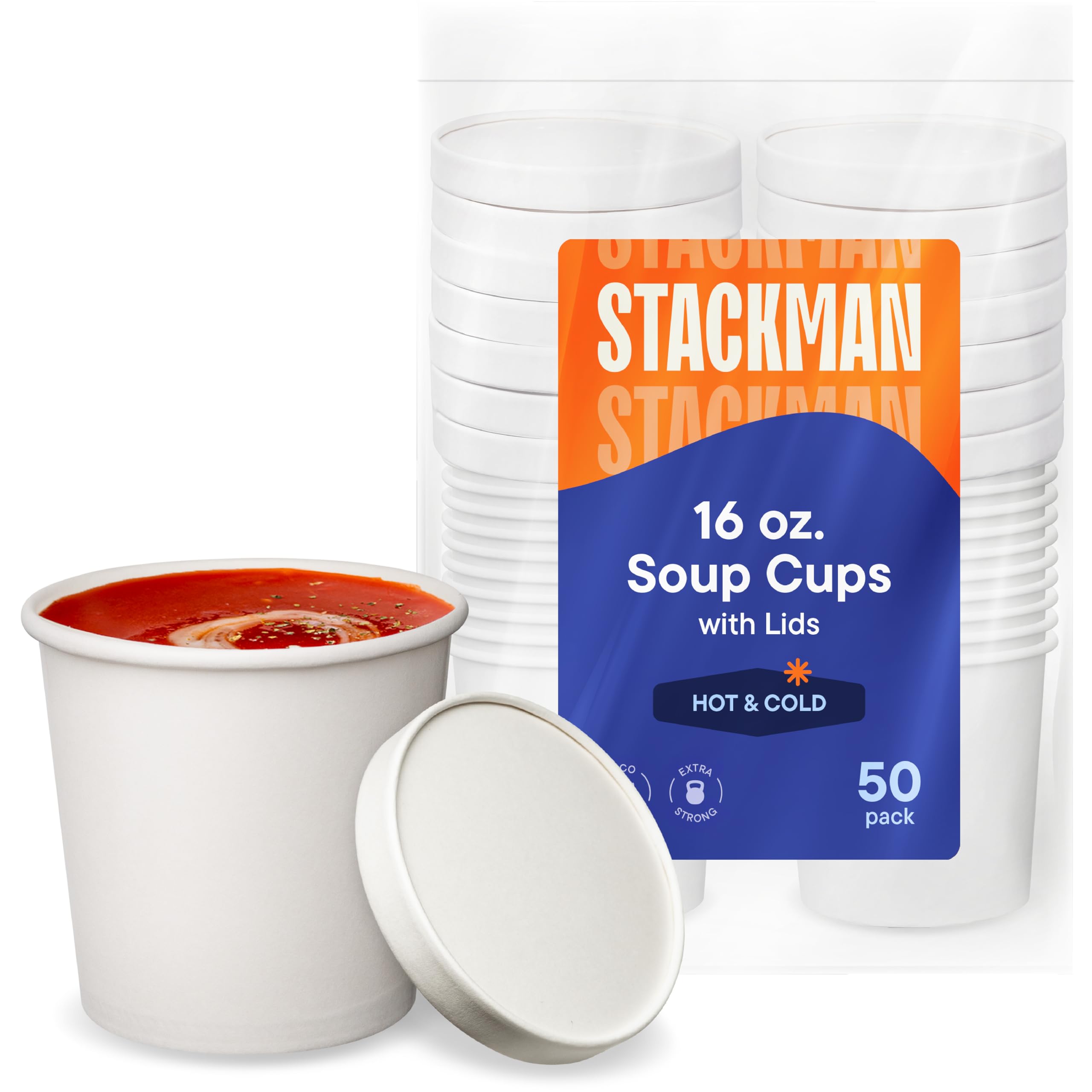 Stack Man 16oz paper container with lid, sturdy and spill-resistant for takeout.