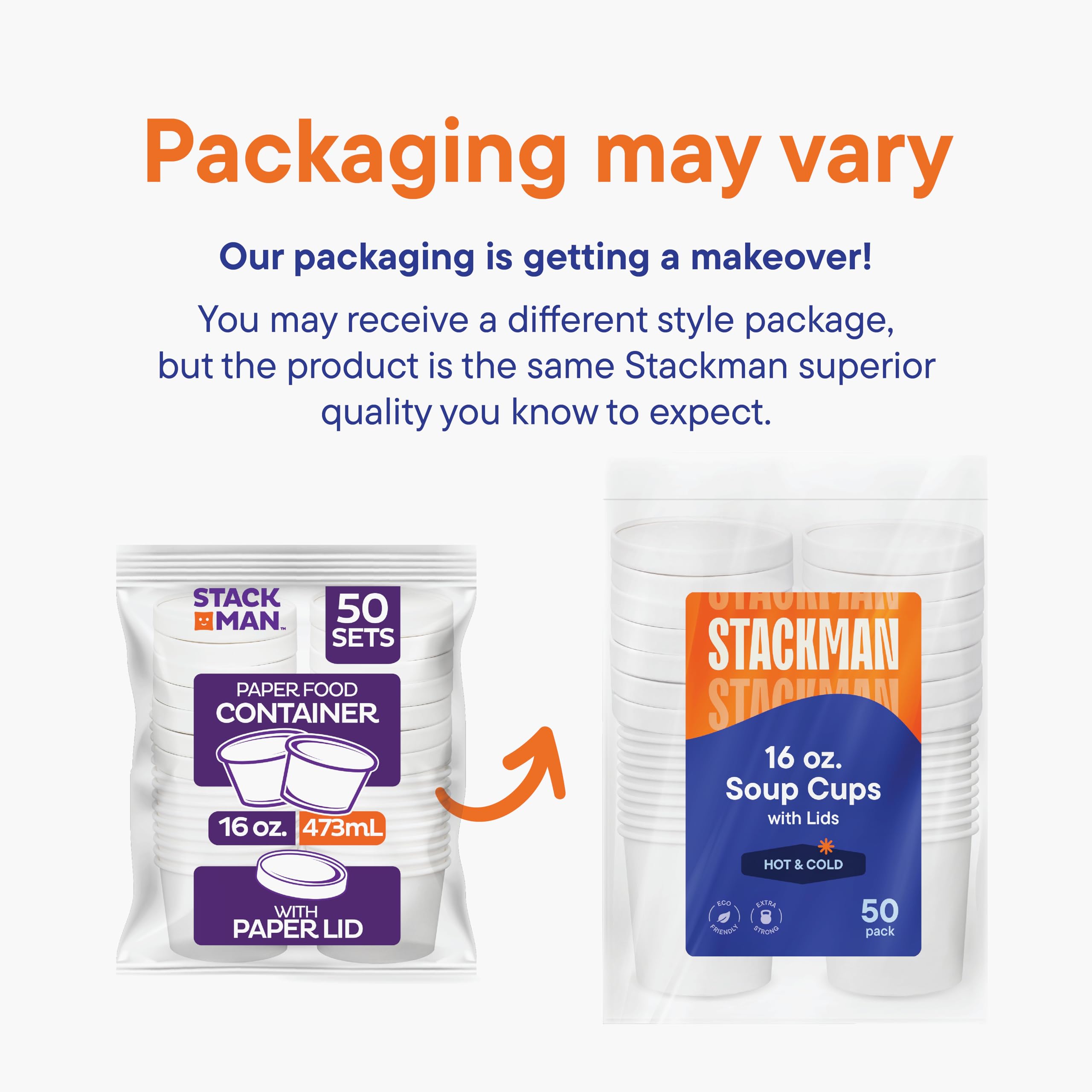 Stack Man white takeout container offers clean branding space for menus.