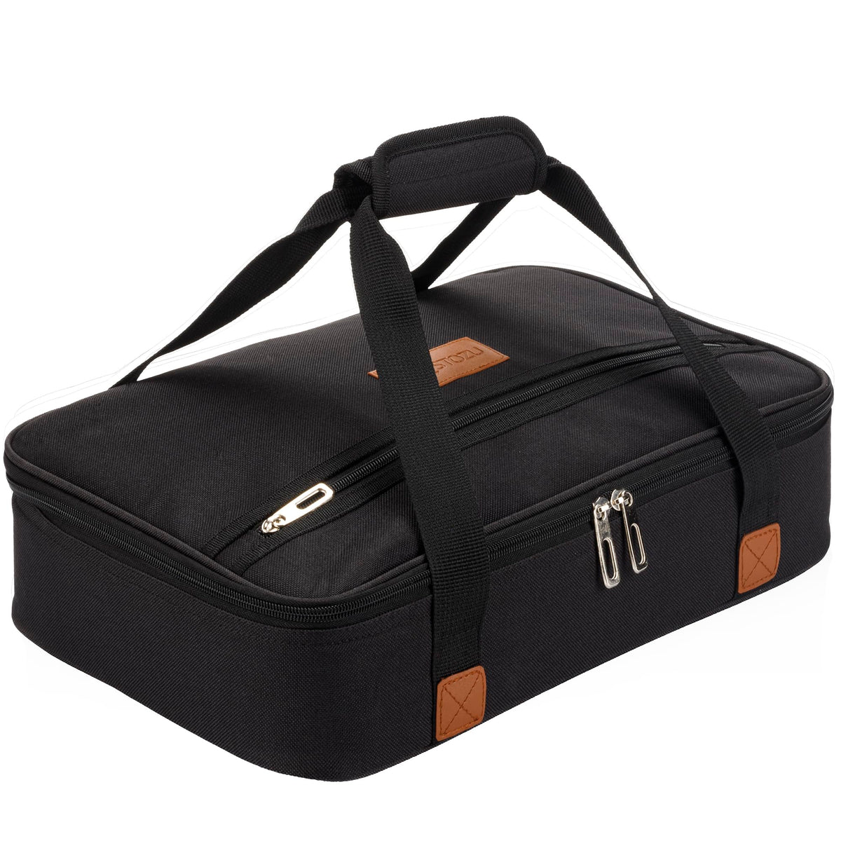Stack Store Plus More black insulated casserole carrier with spacious main compartment for 11x15 dishes