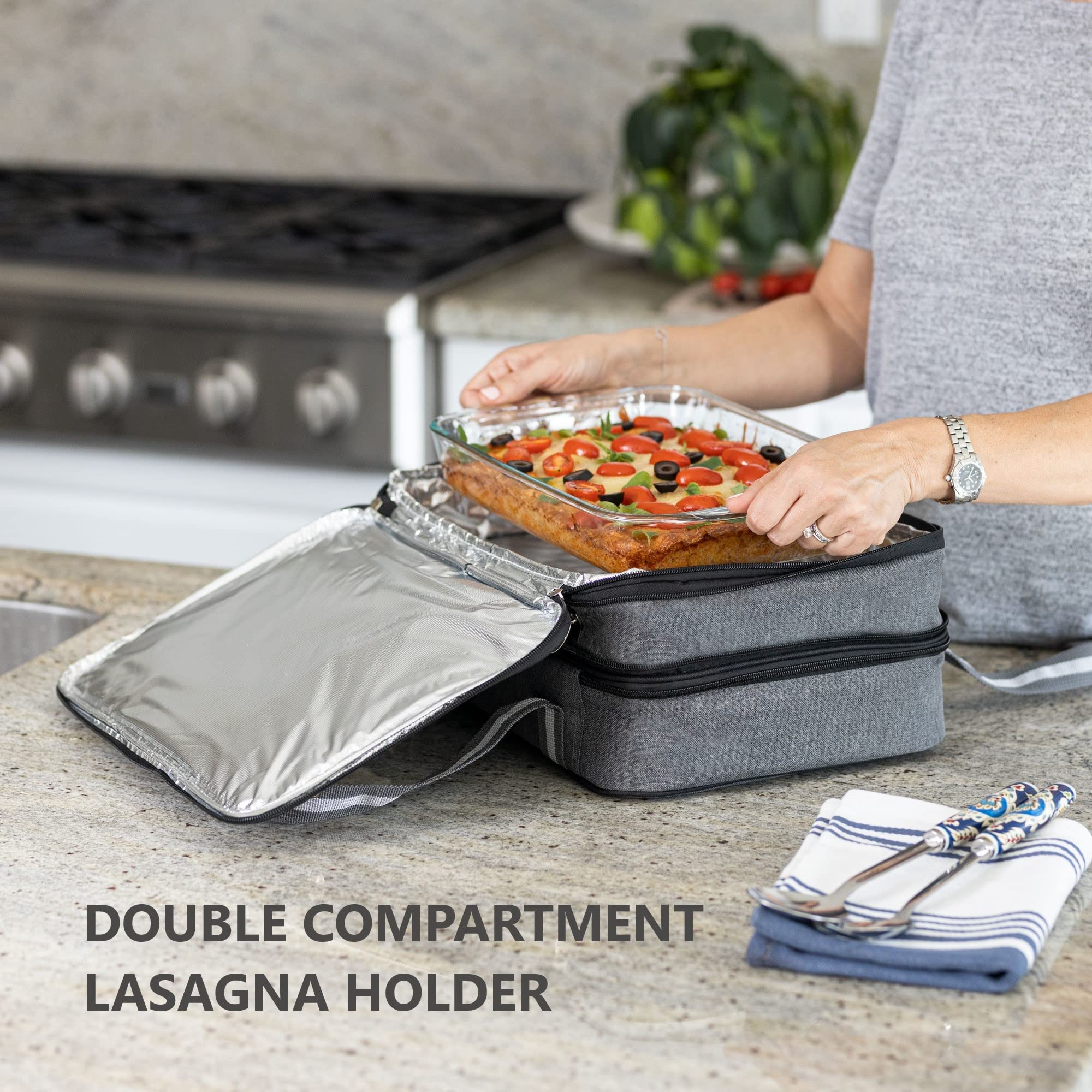 Stack Store Plus More insulated casserole carrier - expanded top compartment for extra dish or utensils.