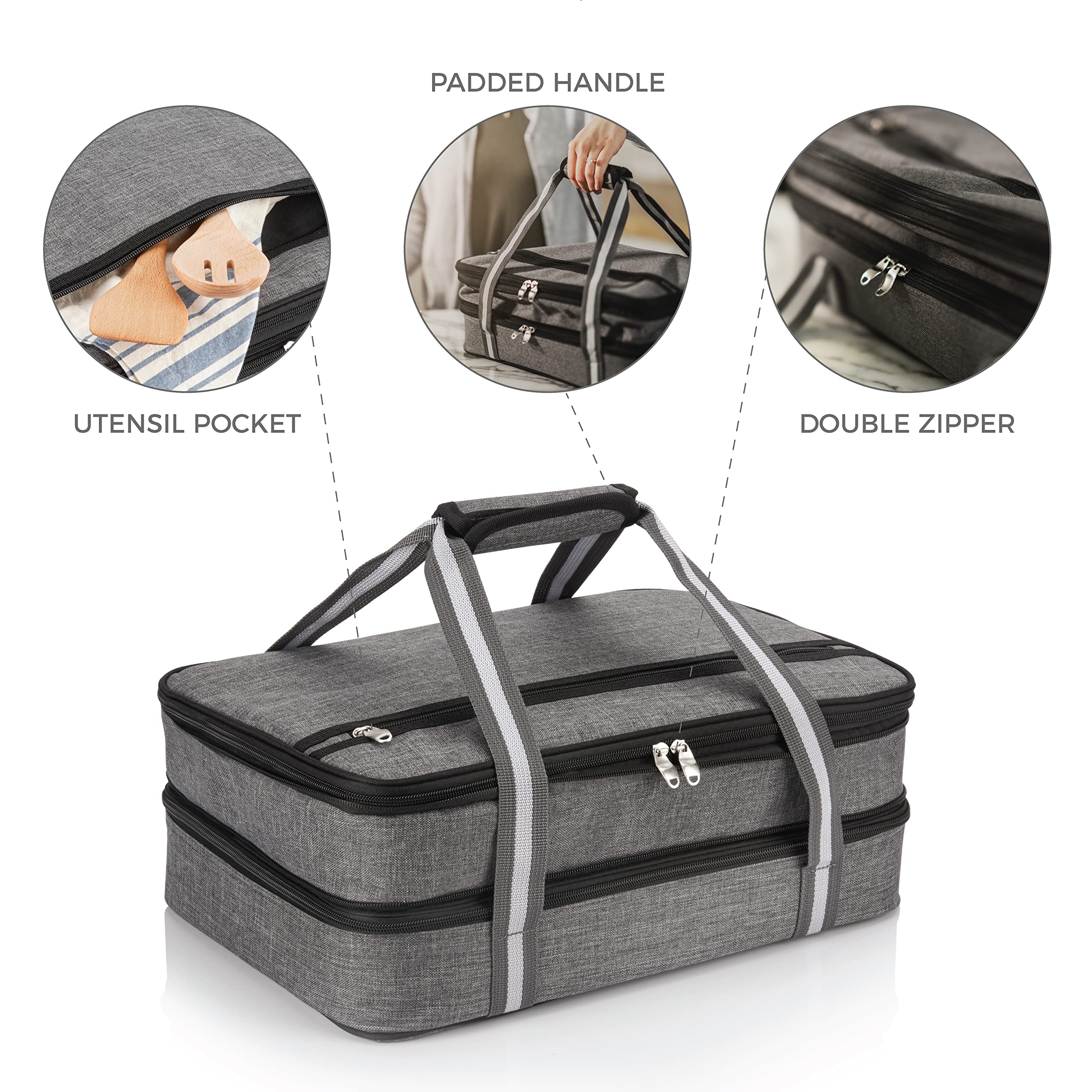 Stack Store Plus More insulated casserole carrier - exterior pocket stores utensils and accessories.