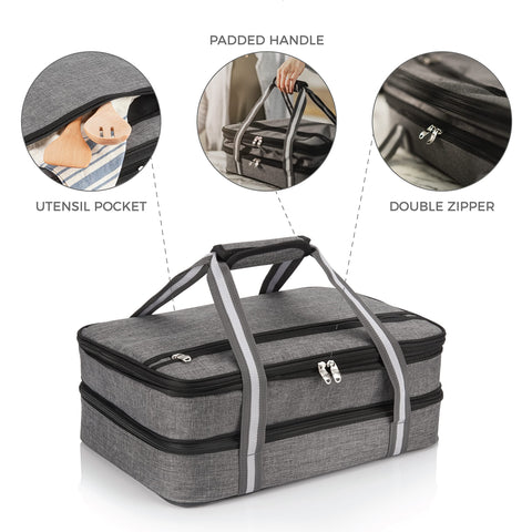 Stack Store Plus More insulated casserole carrier - exterior pocket stores utensils and accessories.