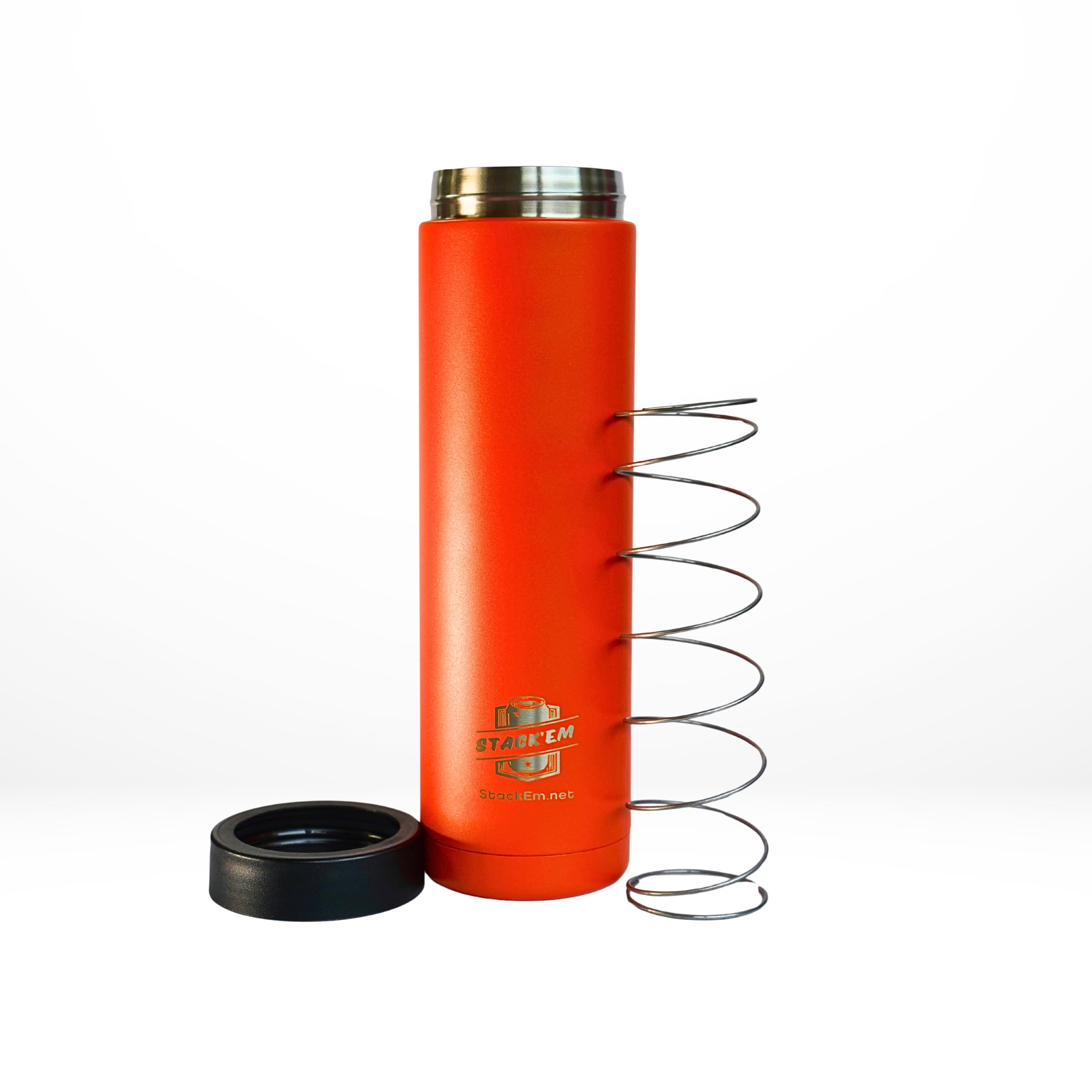 Stack'Em lid with secure screw-on koozie and spring-loaded cup holder for easy sipping.