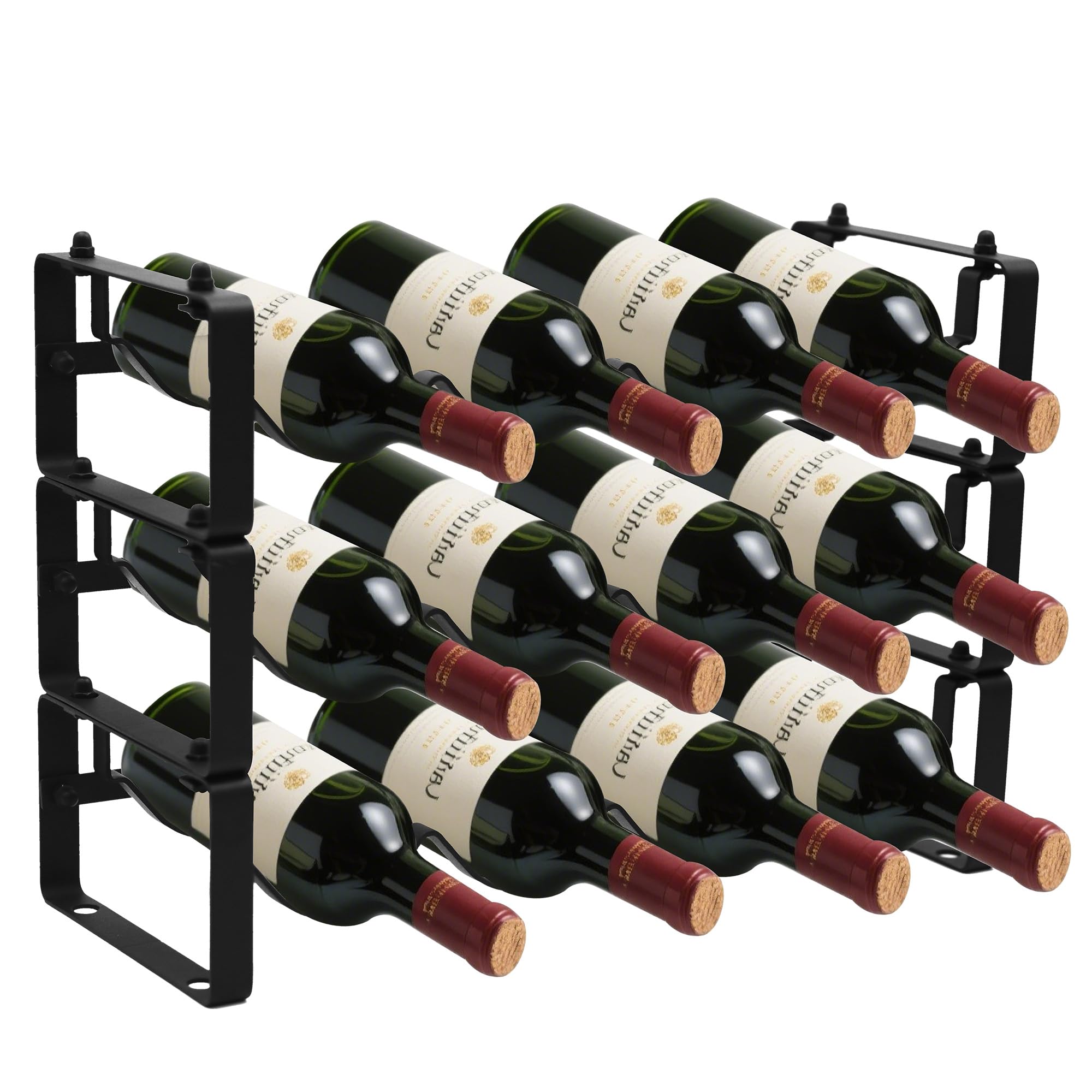 STAEVER black 12-bottle rack front view showing neat bottle arrangement.