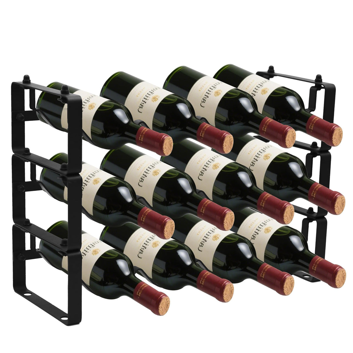 STAEVER black 12-bottle rack front view showing neat bottle arrangement.