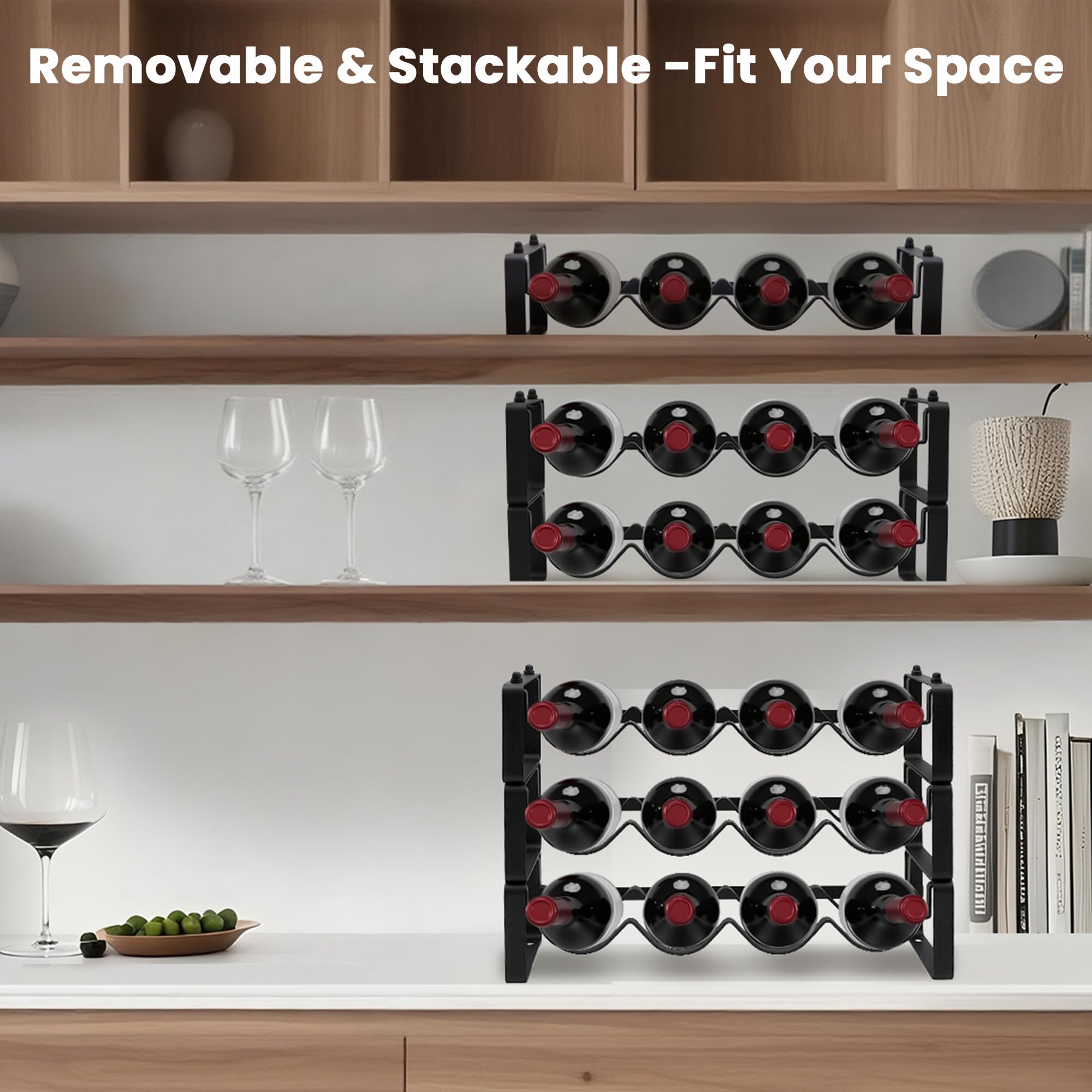 STAEVER black metal rack near kitchen cabinet keeps bottles organized.