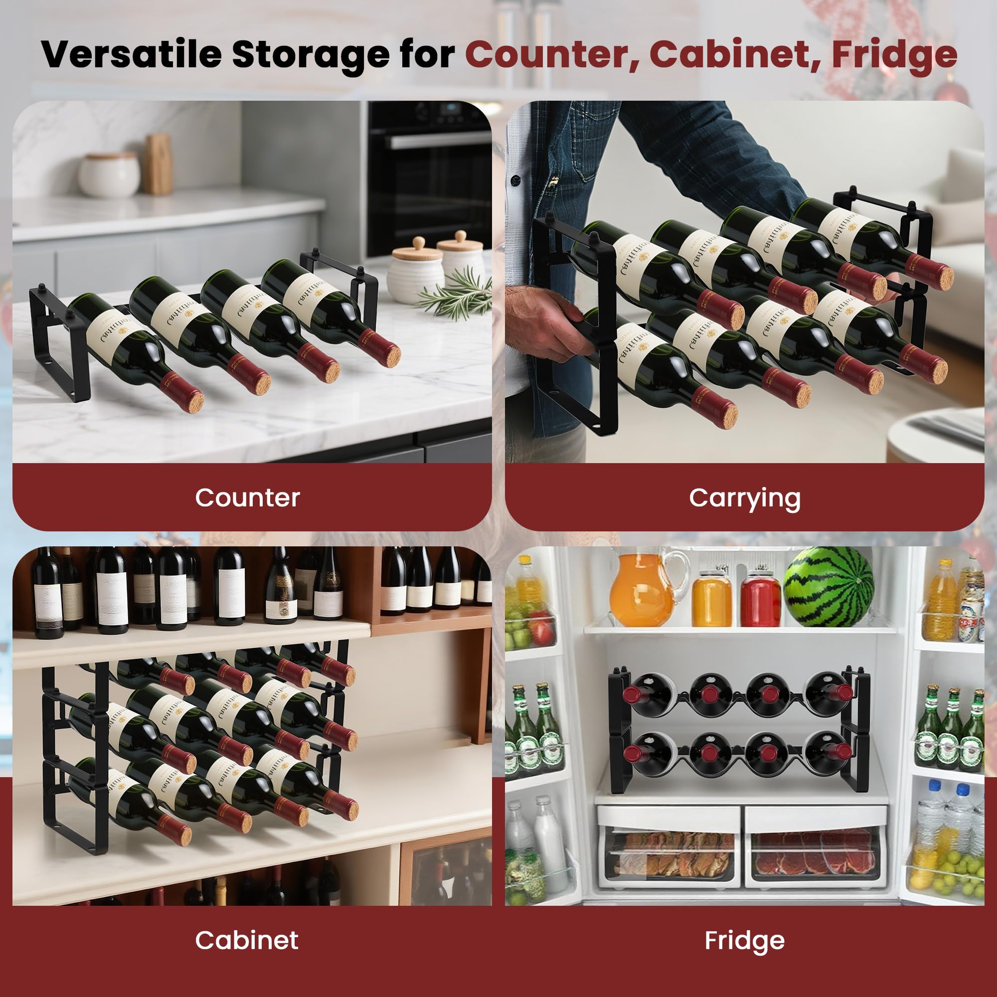STAEVER wine rack on countertop enables quick selection during entertaining.