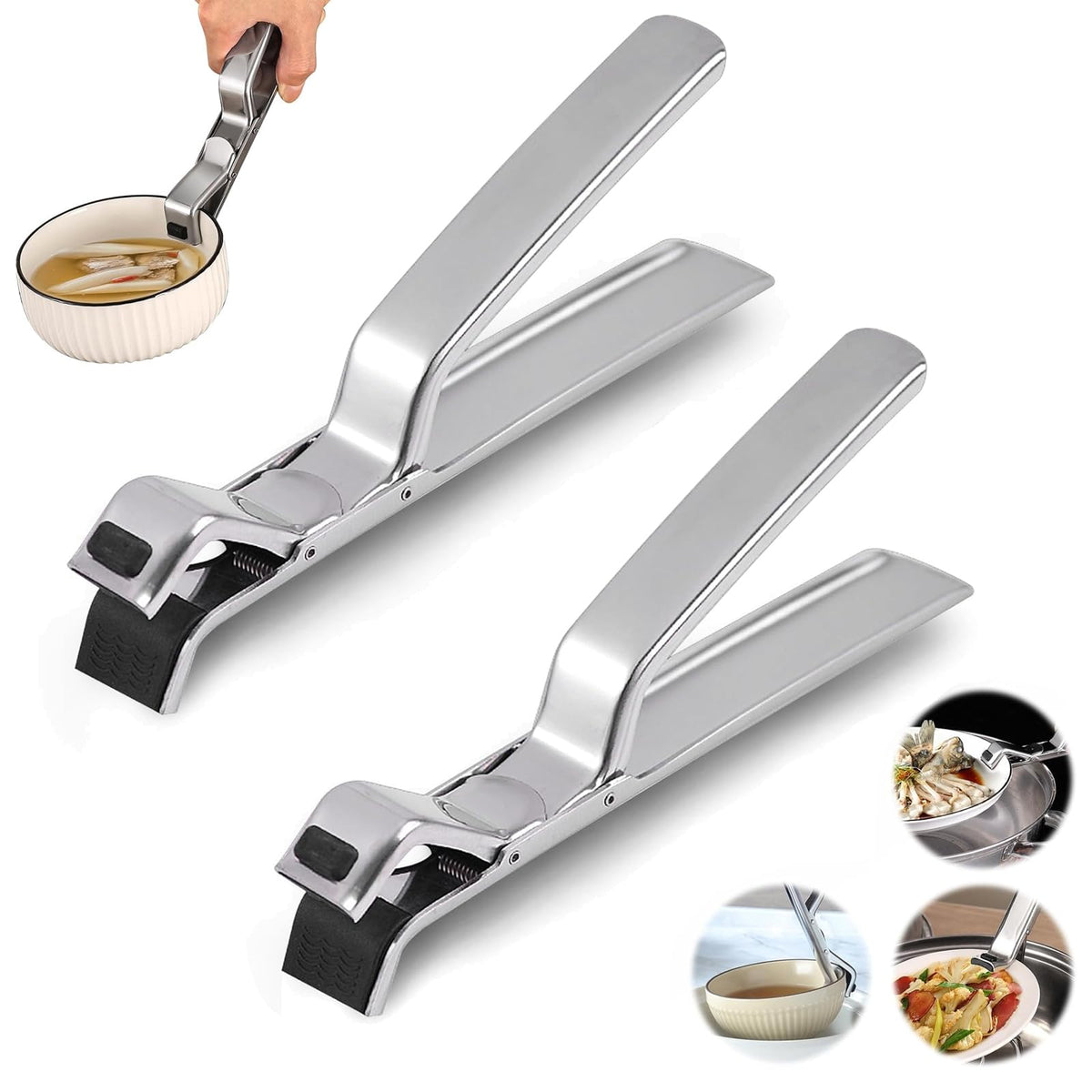 Stainless steel hot plate gripper clip close-up highlighting durability for everyday kitchen tasks.