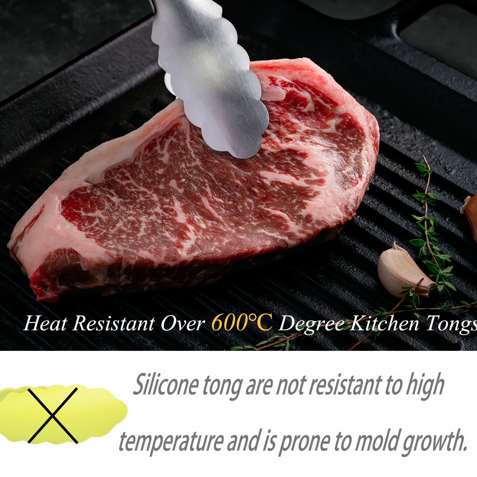 Stainless steel kitchen tongs with oak handle in 12-inch size for sautéing and flipping.