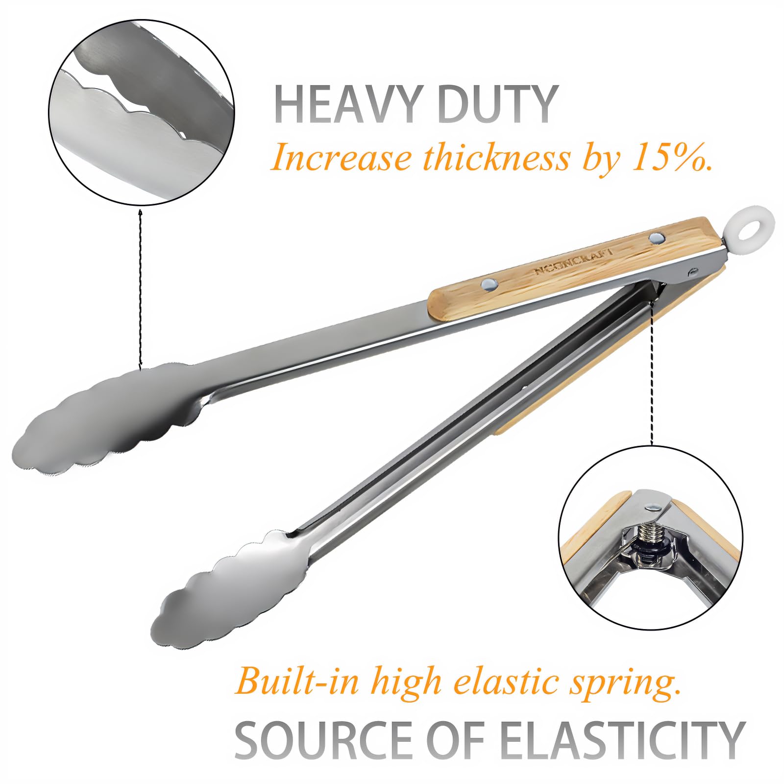 Stainless steel kitchen tongs with oak handle burr-free finish highlighted for safe handling.