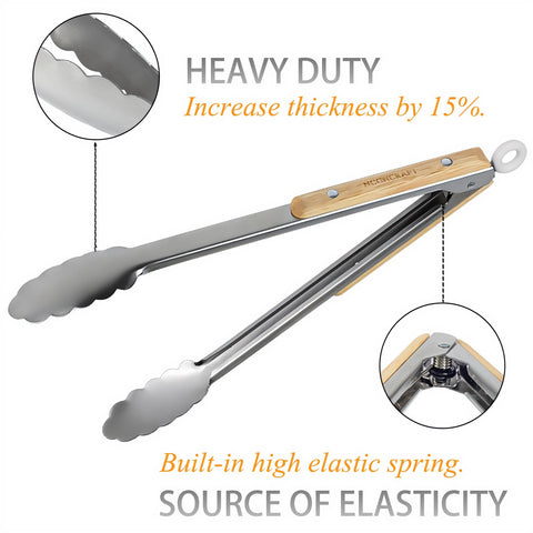 Stainless steel kitchen tongs with oak handle burr-free finish highlighted for safe handling.